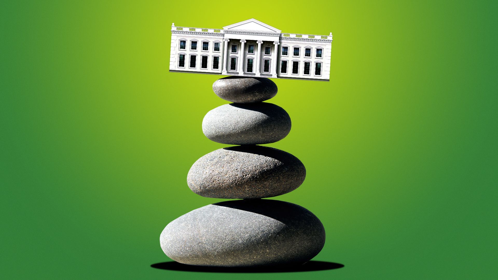 Illustration of the White House balancing on a stack of zen pebble stones