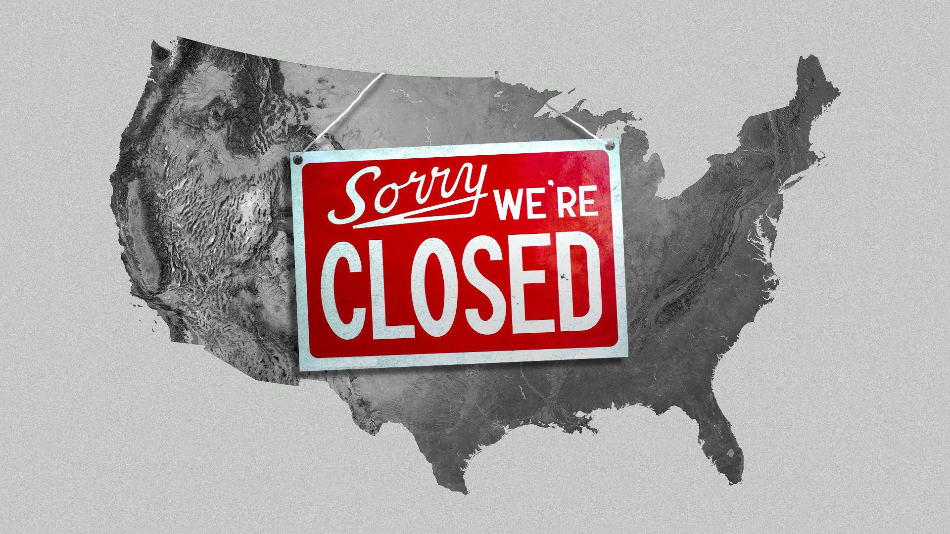 Illustration of a map of the United States with a sign reading "sorry, we're closed" 