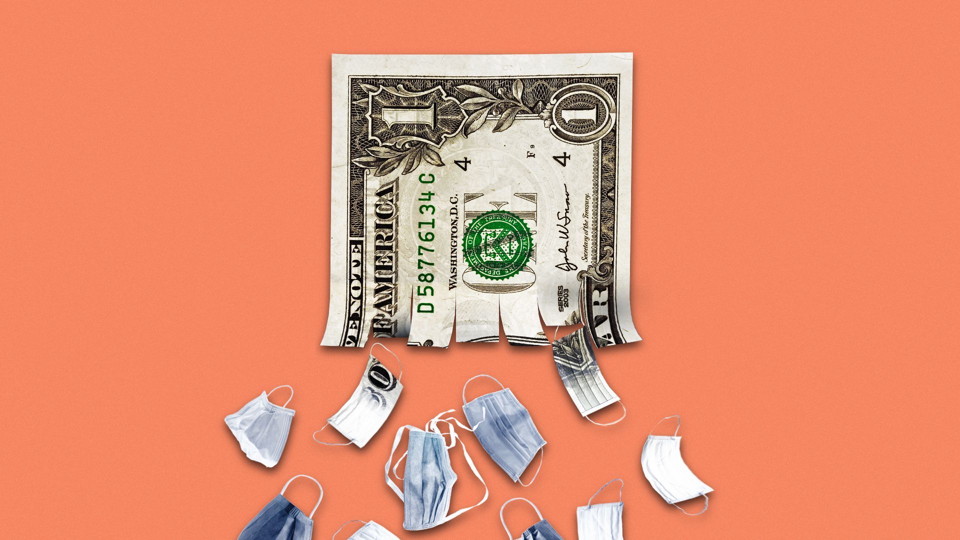 Illustration of an dollar bill shredding into pieces which appear to be face masks