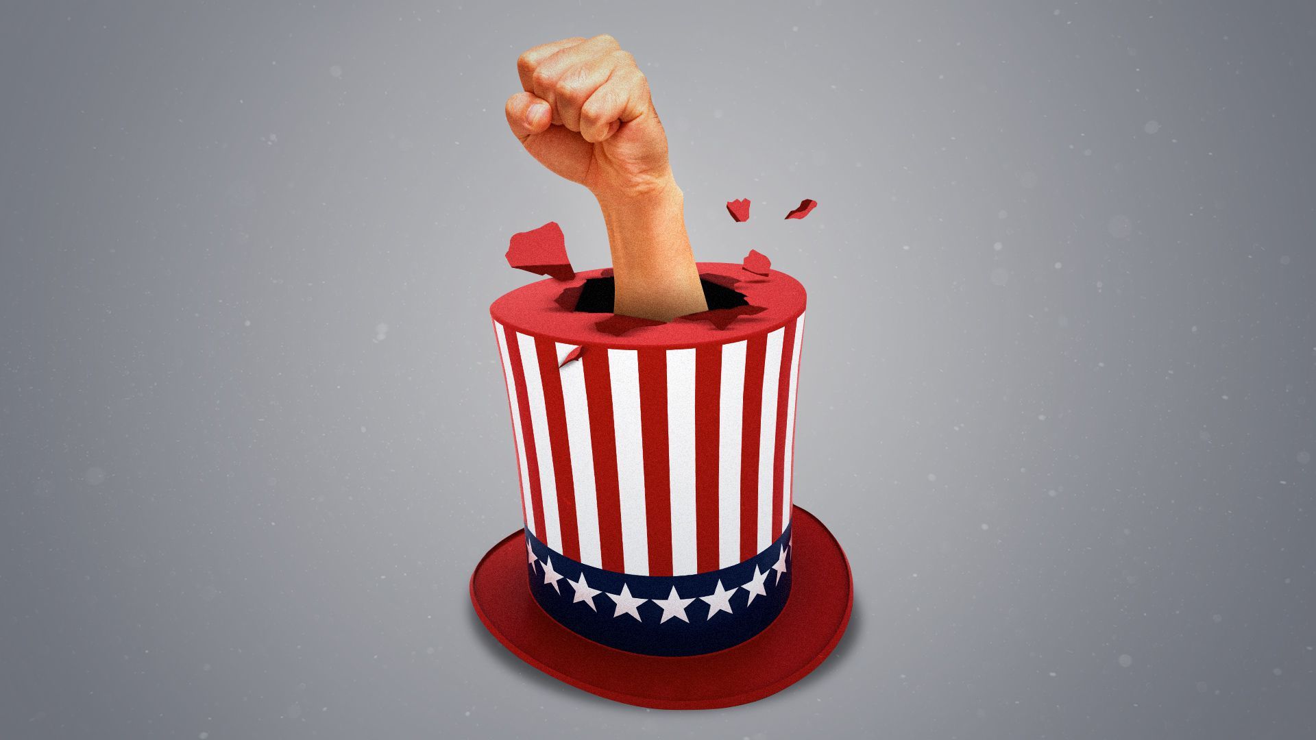 Illustration of a fist punching through the top of an Uncle Sam top hat.  