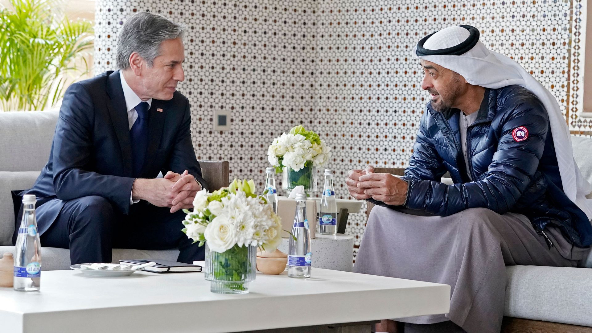 US Secretary of State Antony Blinken meets with Abu Dhabis Crown Prince Mohammed bin Zayed al-Nahyan, at his residence in Rabat, Morocco. 