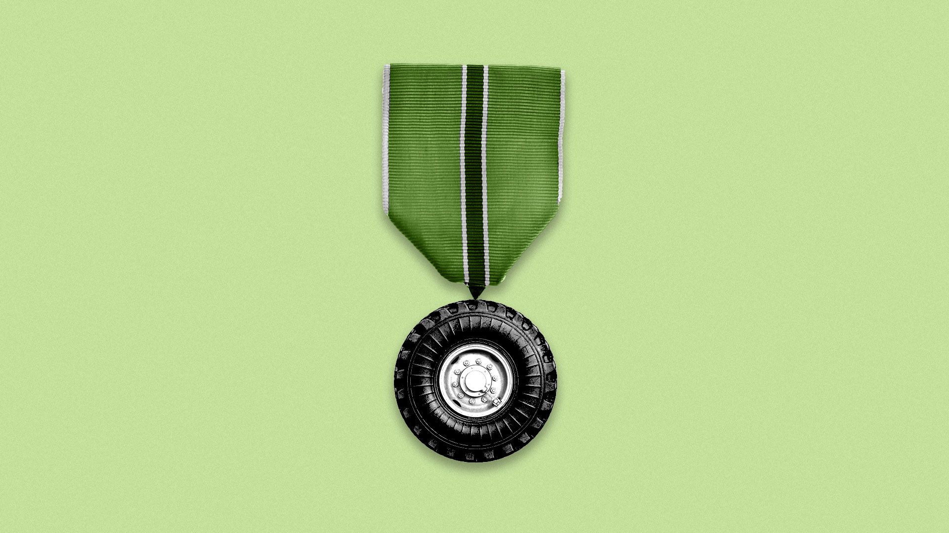 Illustration of a hanging military medal with a tire as the medal.