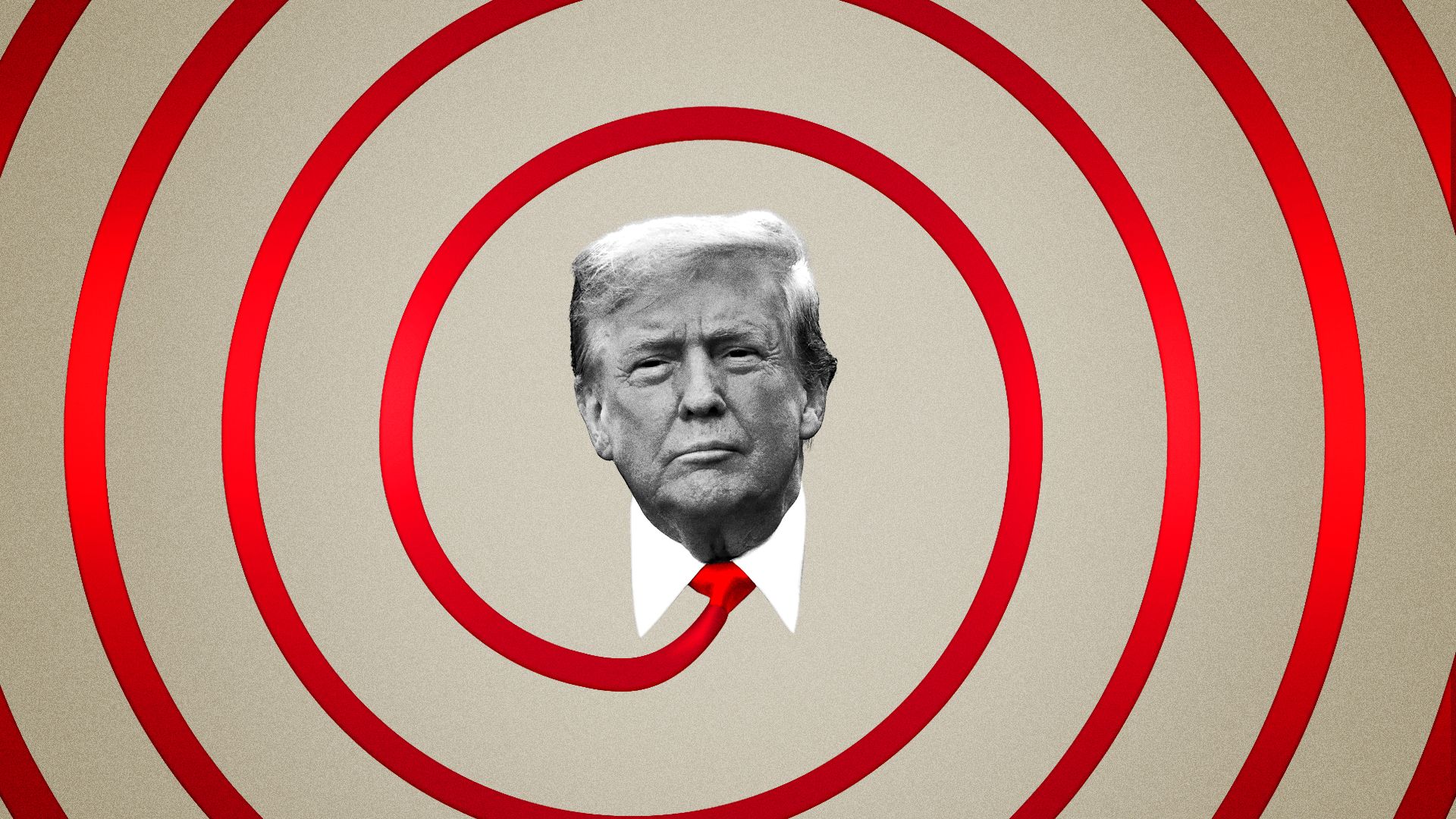 Photo illustration of Donald Trump's tie forming a spiral around his face. 