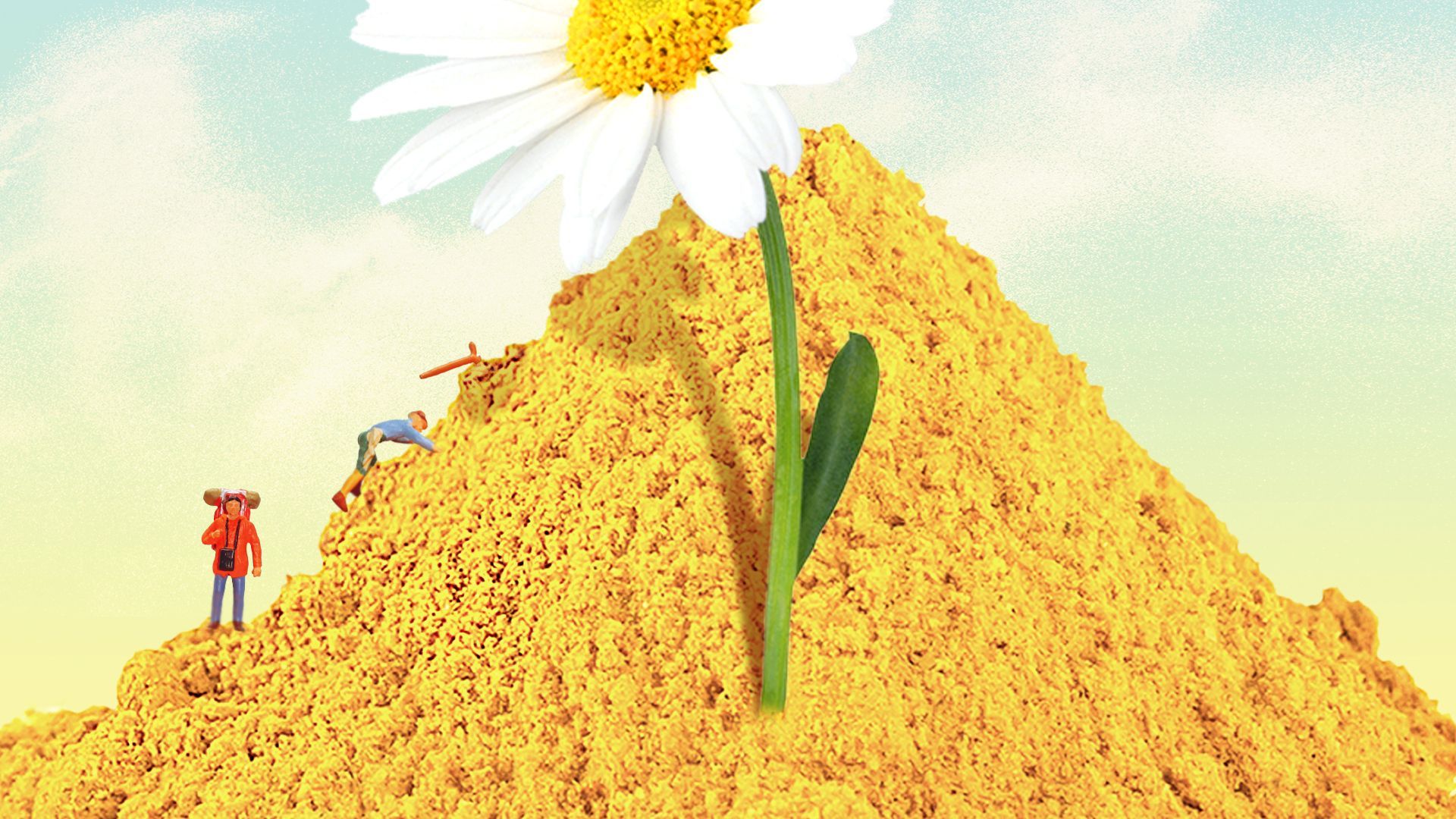 Illustration of tiny toy people climbing up a mountain of pollen with a large flower growing from the middle