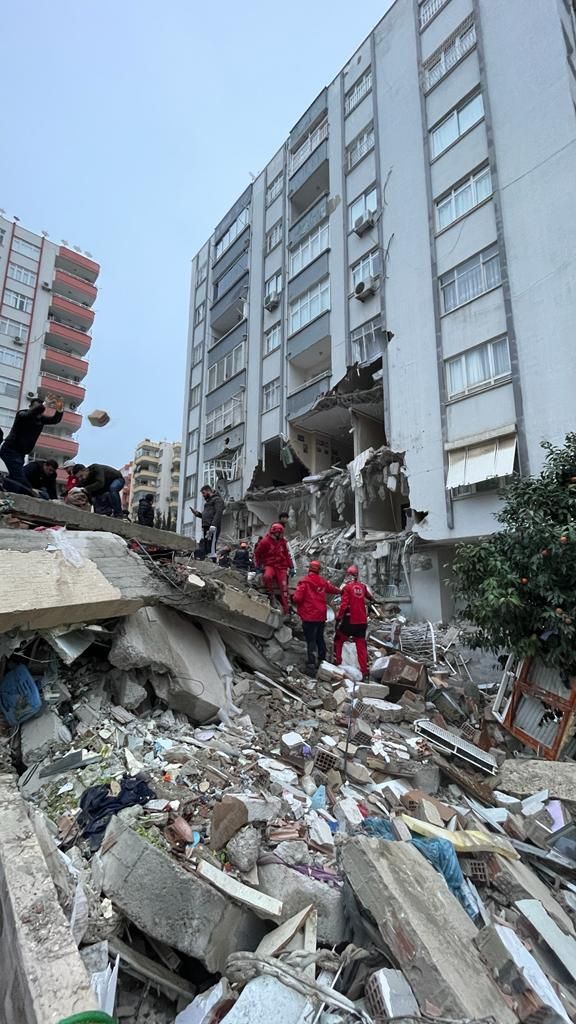 A view of debris as rescue workers conduct search and rescue operations after the 7.4 magnitude earthquake hits Kahramanmaras, Turkiye on February 06.