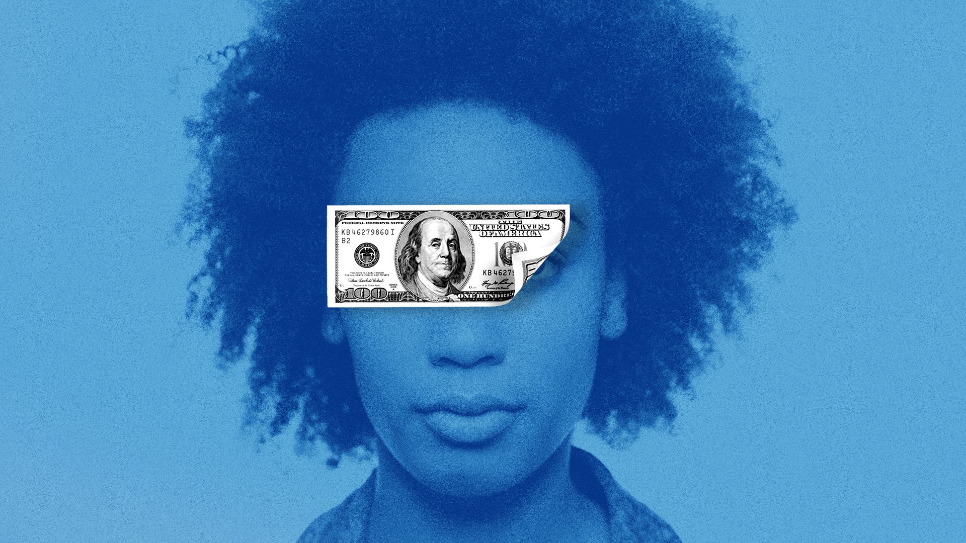 Woman with a $100 bill covering her eyes.