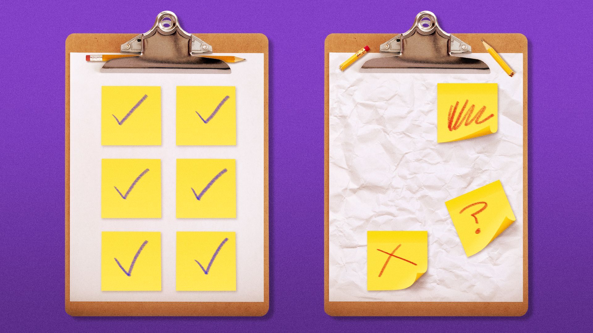 Illustration of two clipboards: one organized, the other messy.