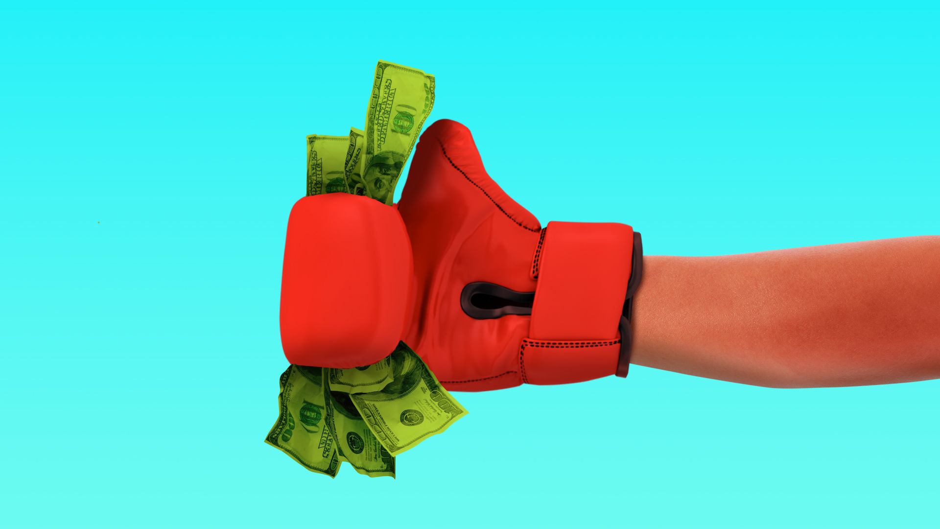 Illustration of  a boxing glove with a thumbs up holding cash. 