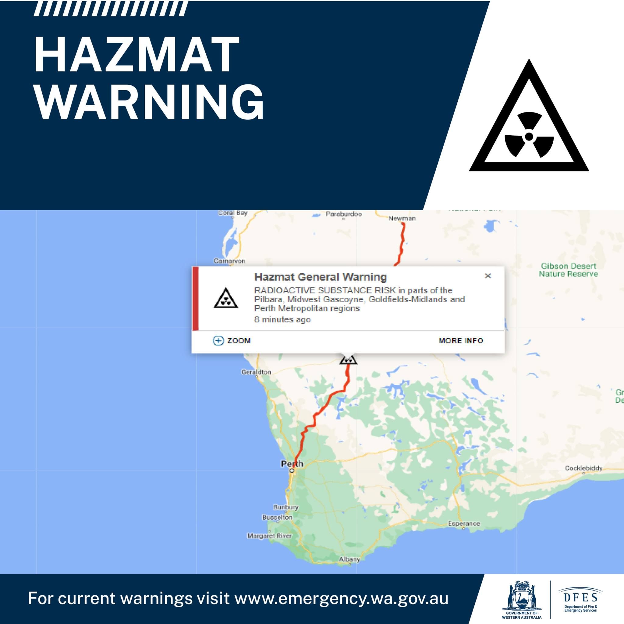 An image showing parts of Western Australia affected by a radiation warning, from Newman in the Pilbara region to state capital Perth,  due to a missing radioactive capsule.