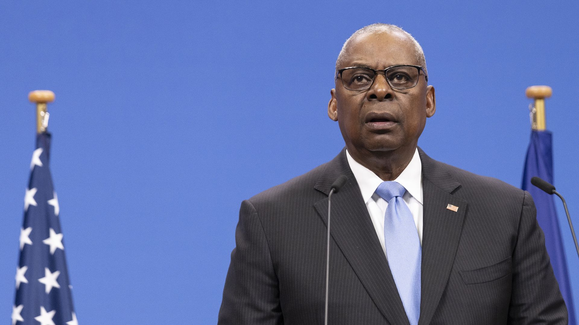 US Secretary of Defence Lloyd J. Austin III holds a closing press conference during the second of two days of defence ministers' meetings at NATO headquarters on October 18, 2024 in Brussels,