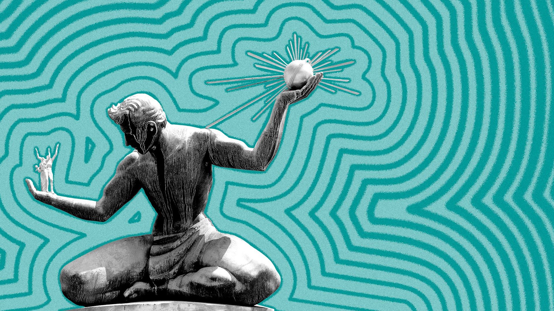 Illustration of the Spirit of Detroit Statue outside the Coleman A. Young Municipal Center, in Detroit, with lines radiating from it. 