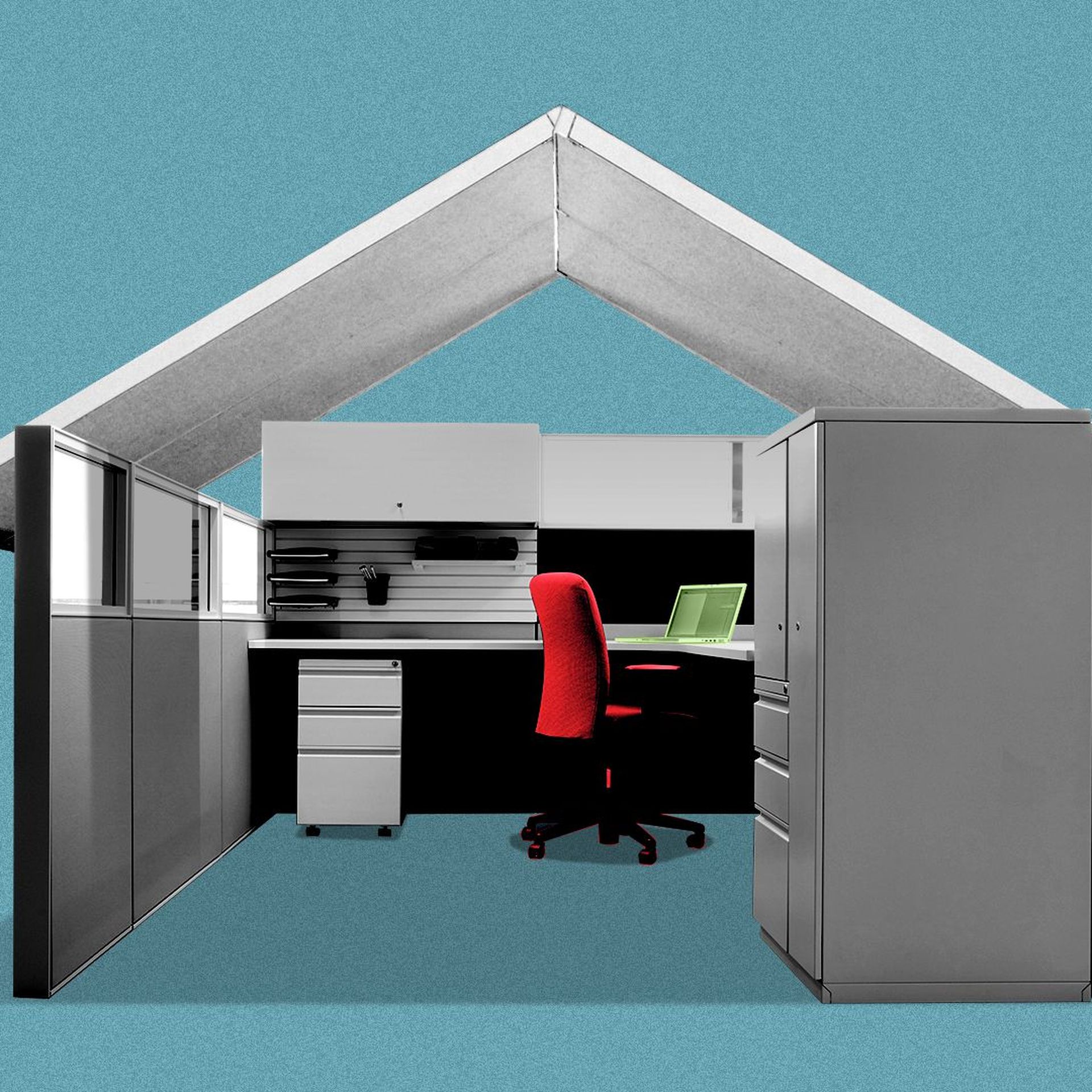 Illustration of an office cubicle with a roof like a house.