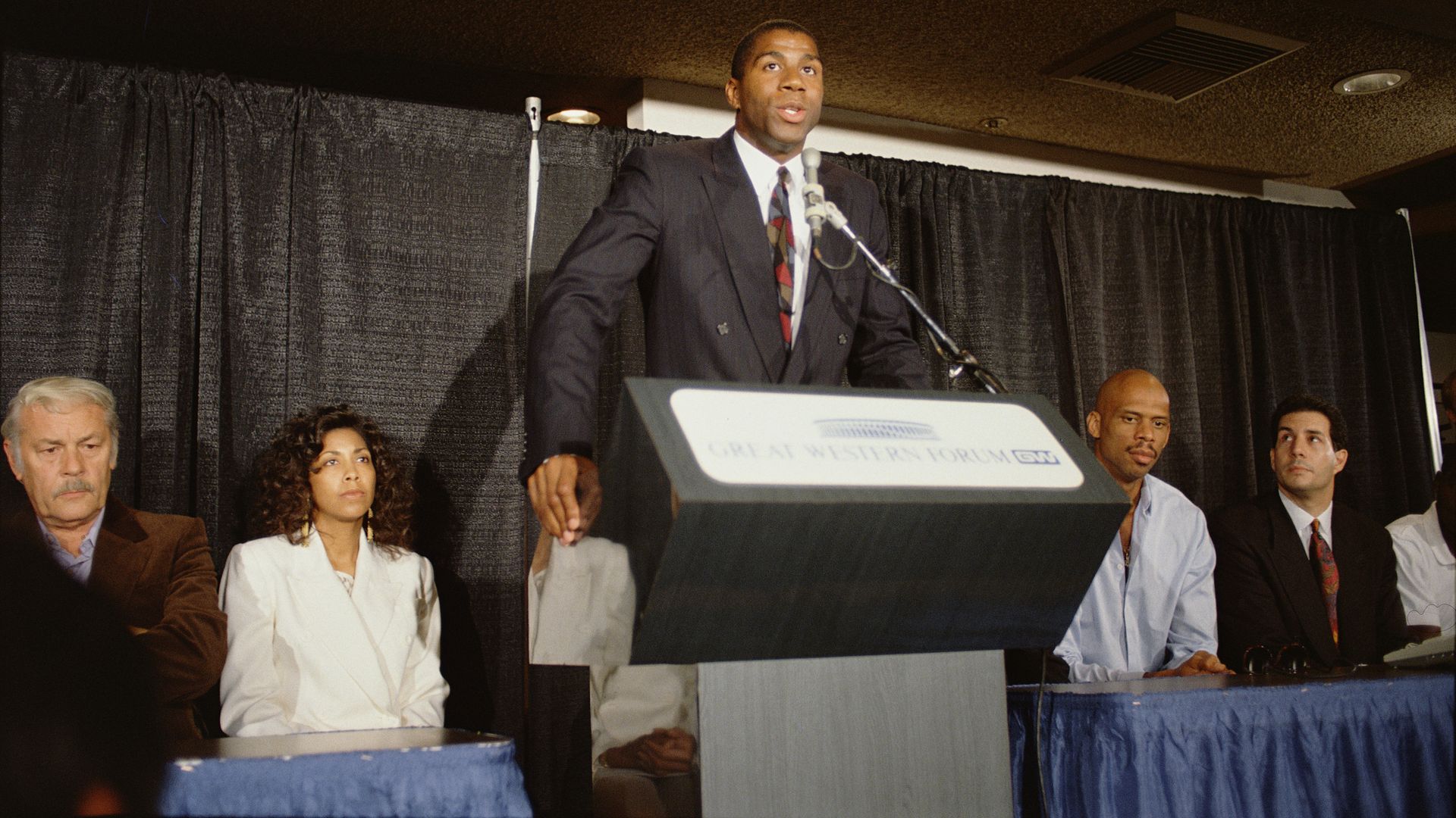 Magic Johnson at the podium
