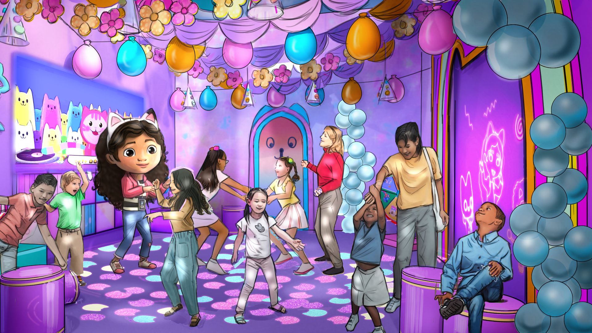Children and adults dancing and playing in a colorful purple-themed room decorated with balloons, flowers, and cat images, with a joyful and festive atmosphere.