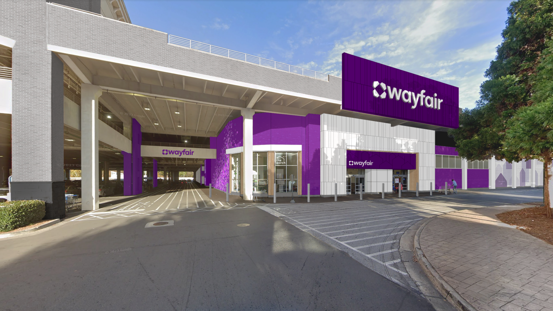 A rendering of the new Wayfair store that will open in the former Walmart space on Howell Mill Road in Atlanta.