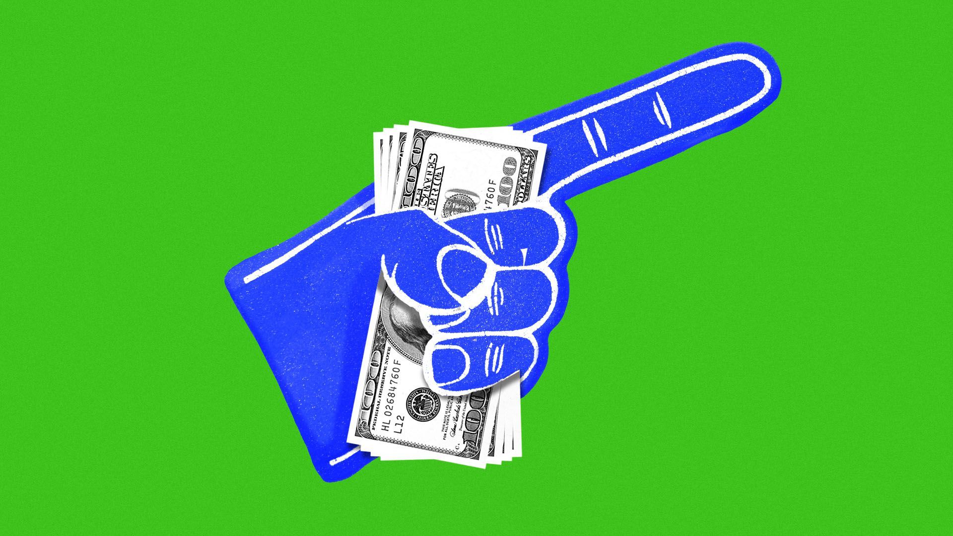 Illustration of a foam finger holding hundred dollar bills