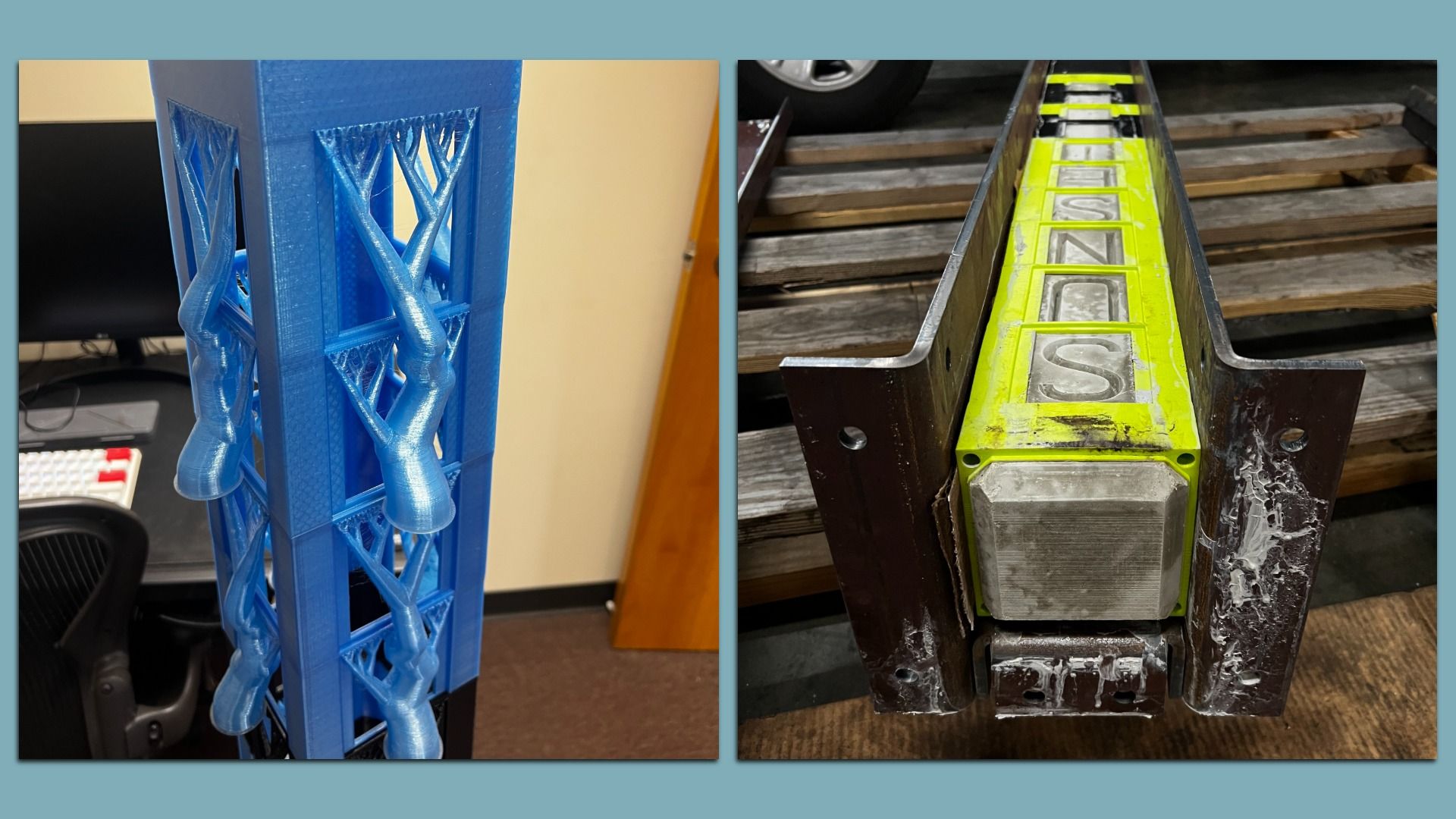 Side-by-side images showing a blue 3D-printed tower structure with intricate lattice and column designs on the left, and a yellow metal industrial component with visible bolts on the right.