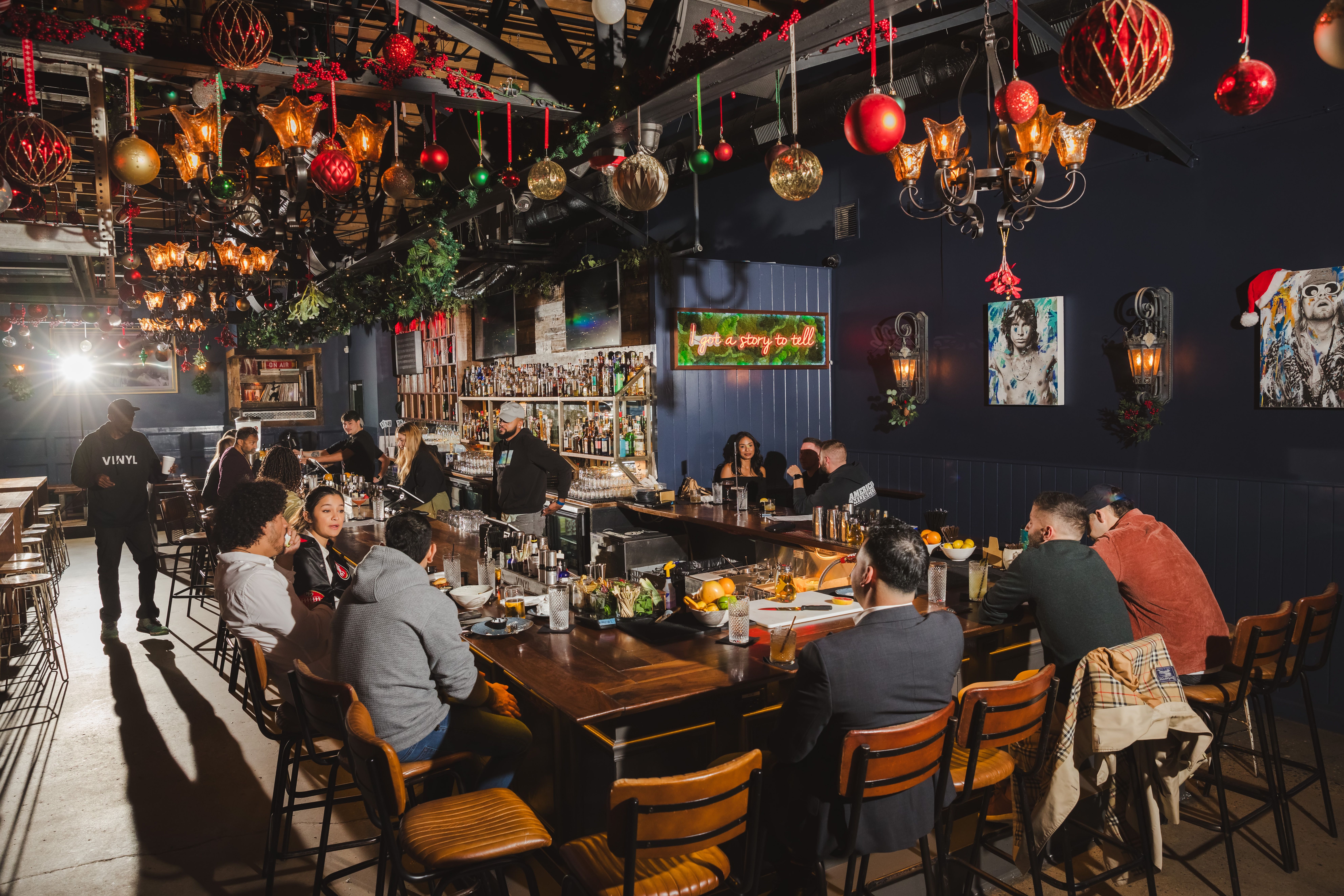 inside bar with holiday decorations
