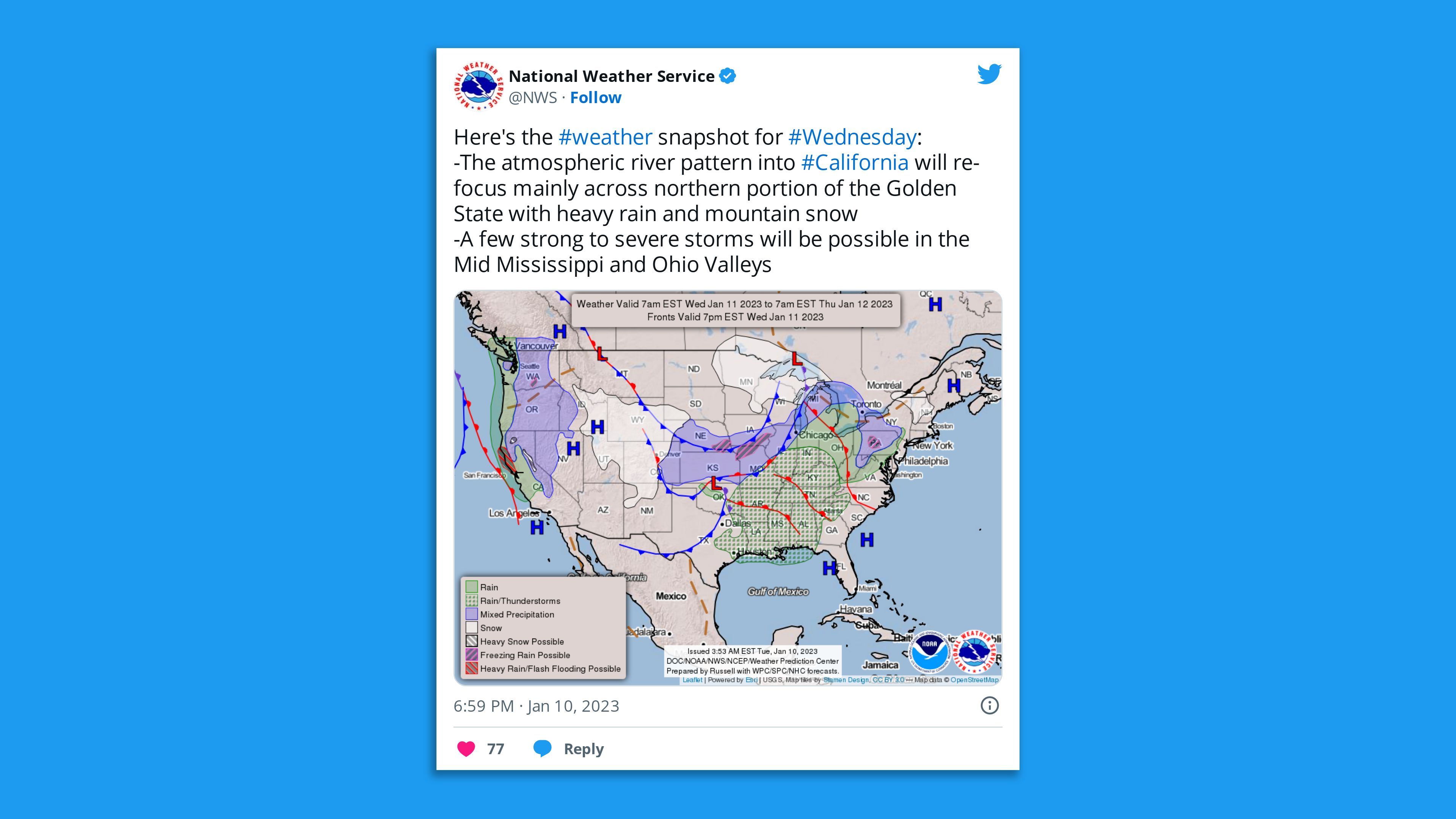A screenshot of an NWS tweet warning the latest atmospheric river will refocus on northern California Wednesday.