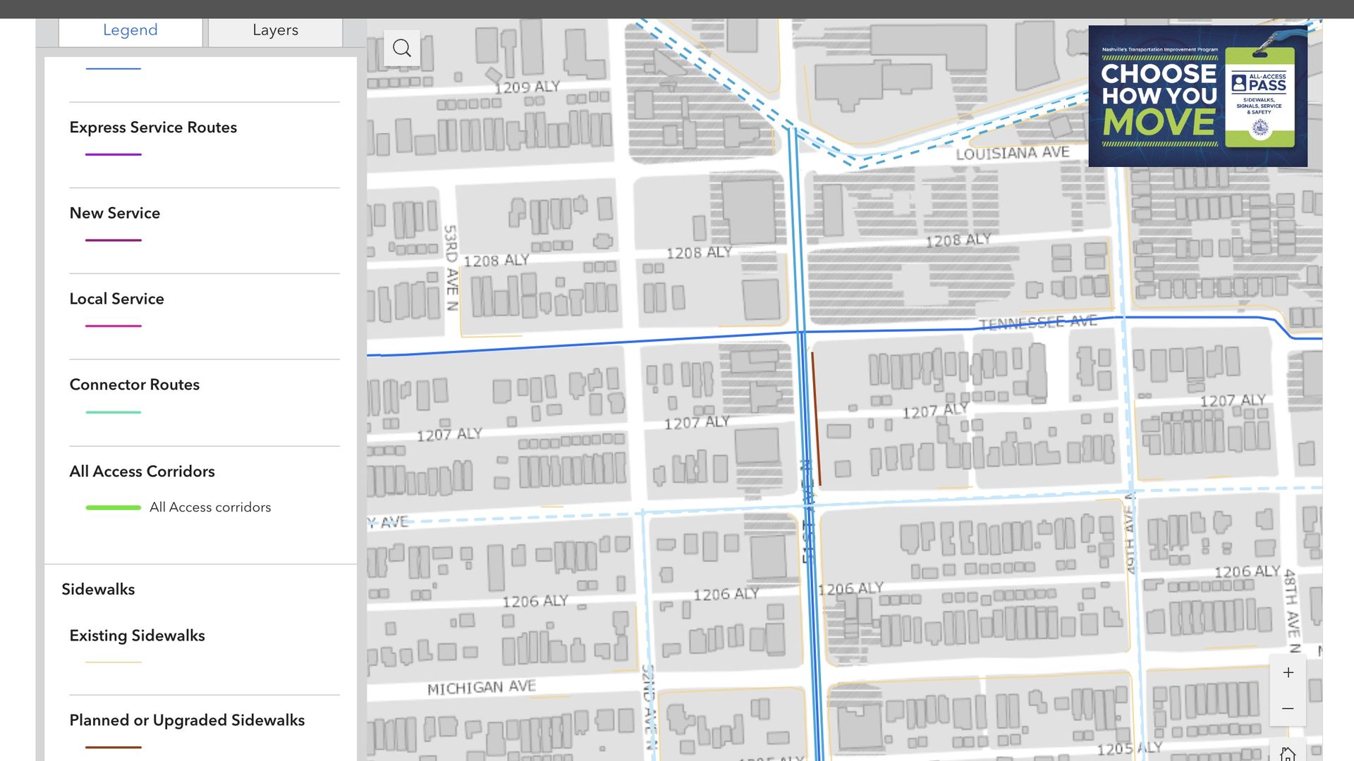 A screenshot of the interactive map showing sidewalk and bus service improvements for 51st Avenue West.