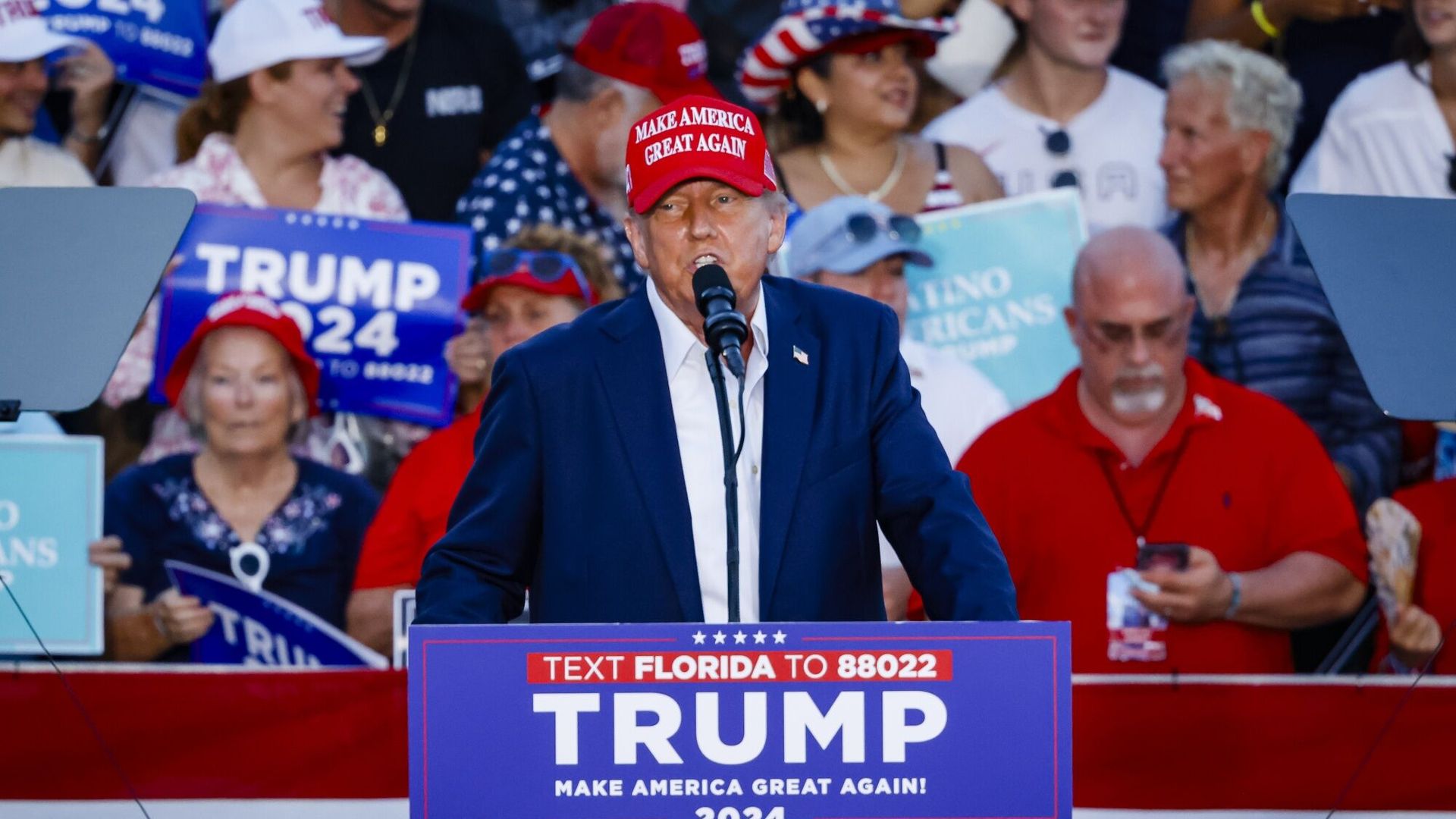 Former President Trump speaks during a campaign event at Trump National Doral Golf Club in Miami, Florida, on Tuesday.