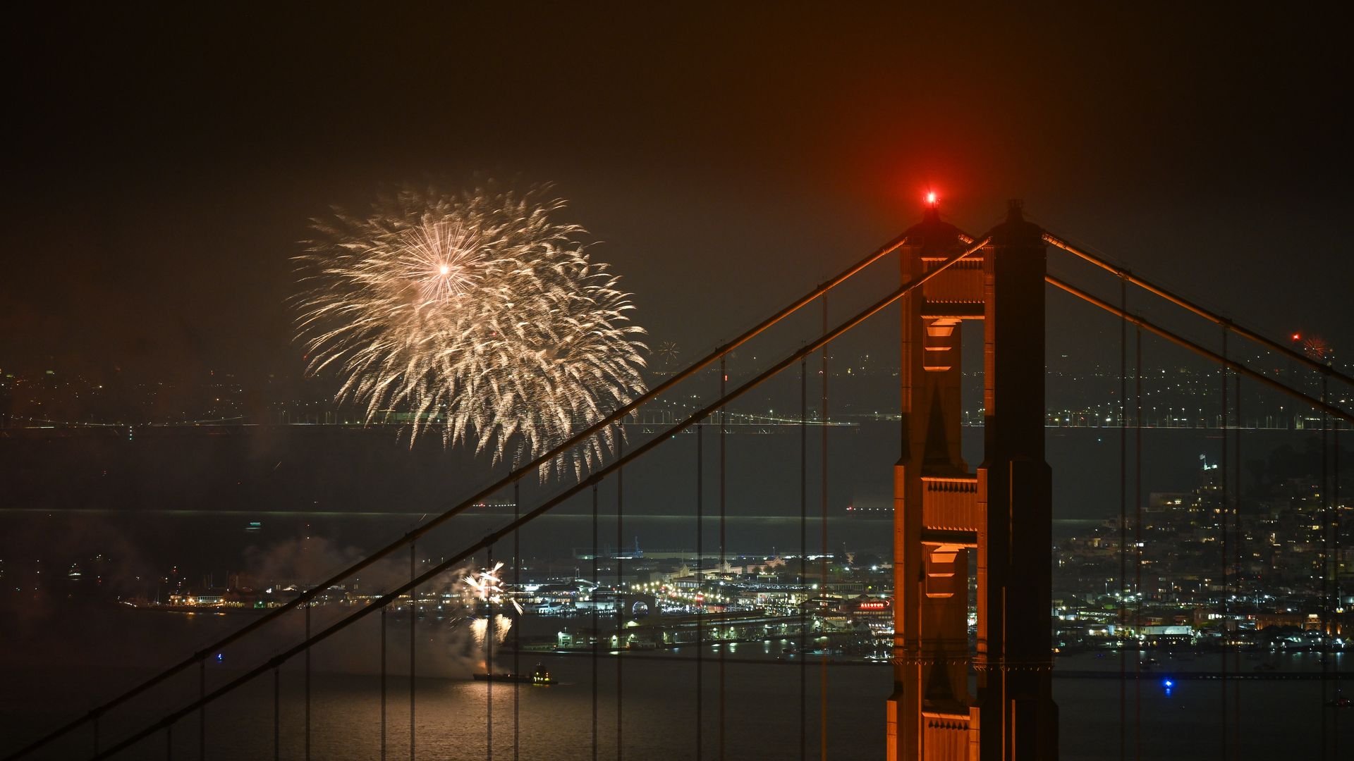 Night image of a suspension bridge with orange-lit towers and a red beacon. Fireworks erupt to the left over the water, city lights glitter in the distance.