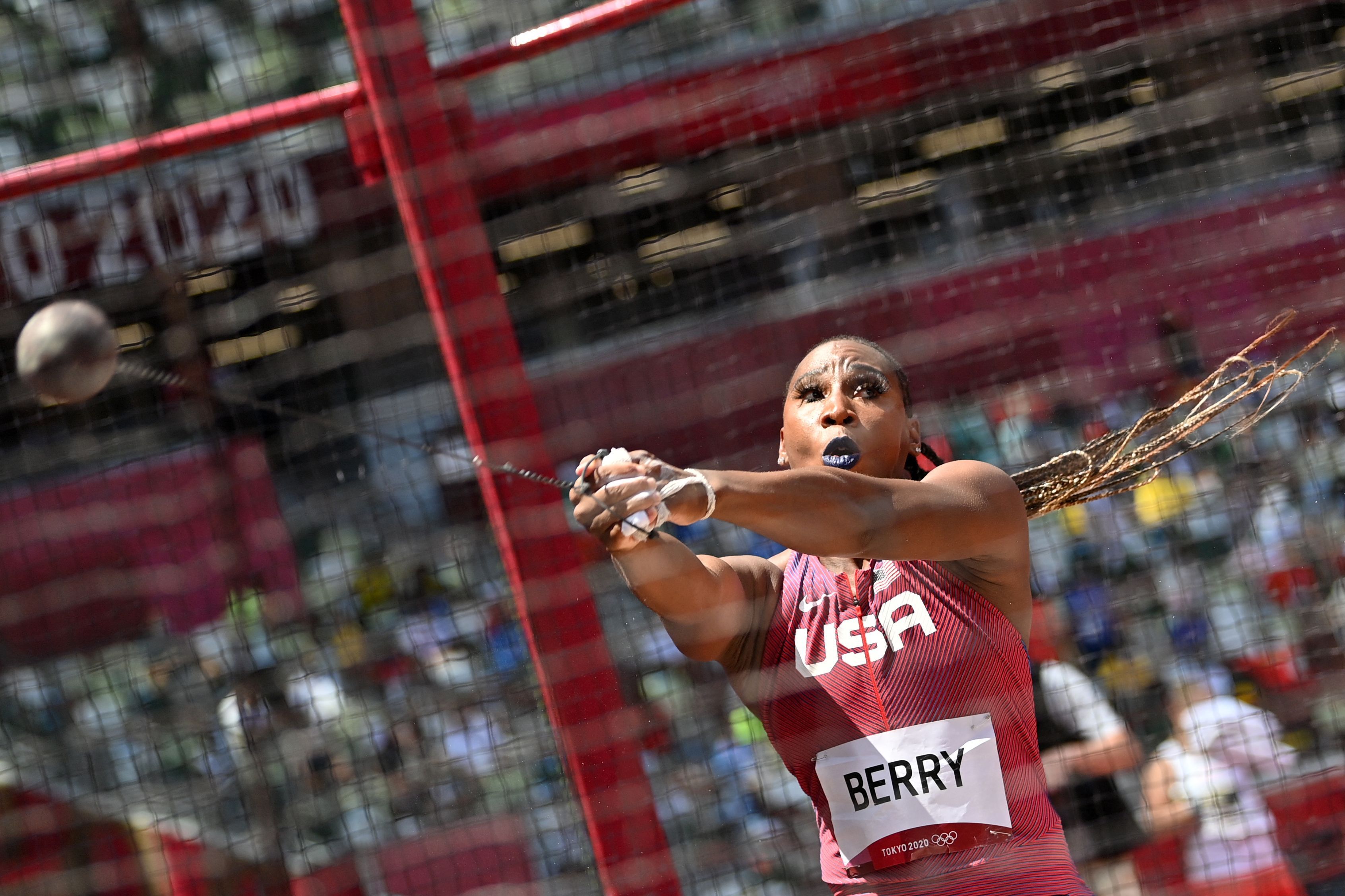  USA's Gwen Berry competes in the women's hammer throw qualification during the Tokyo 2020 Olympic Games at the Olympic Stadium in Tokyo on August 1