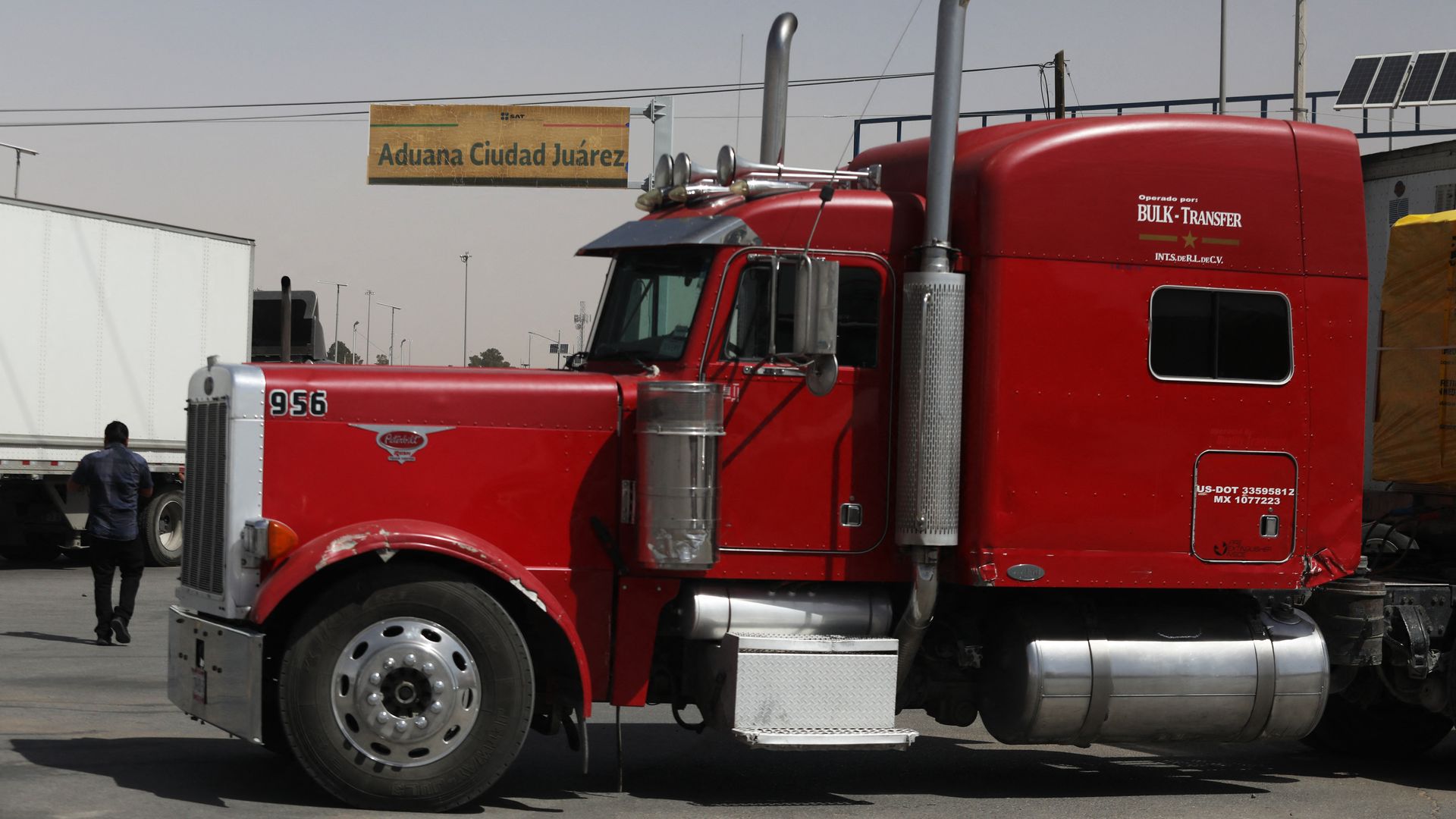 A cargo truck waits to cross to the United States during a blockade at the Jeronimo-Santa Teresa international crossing