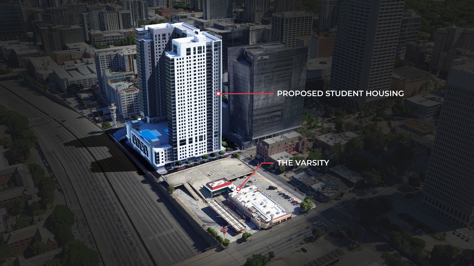 A rendering of a skyscraper towering over a retro drive-thru fast-food restaurant in a dense city next to an interstate