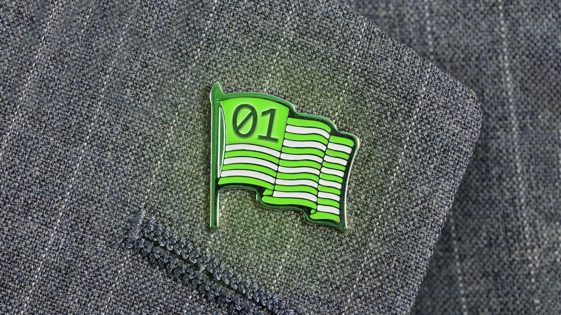 Illustration of a green glowing US flag pin with binary code rather than stars pinned to a lapel
