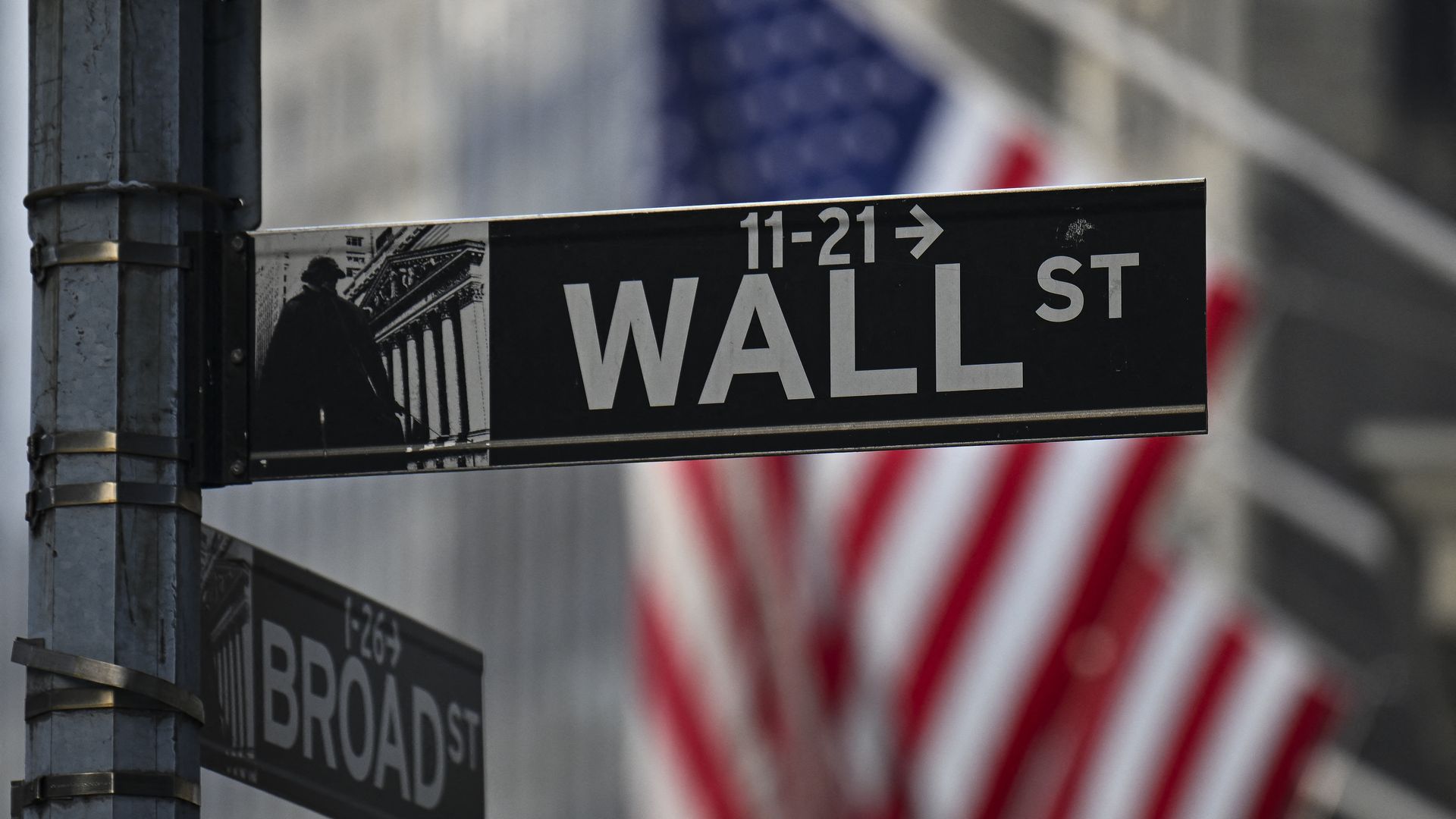 A Wall Street sign in front of an American Flag.