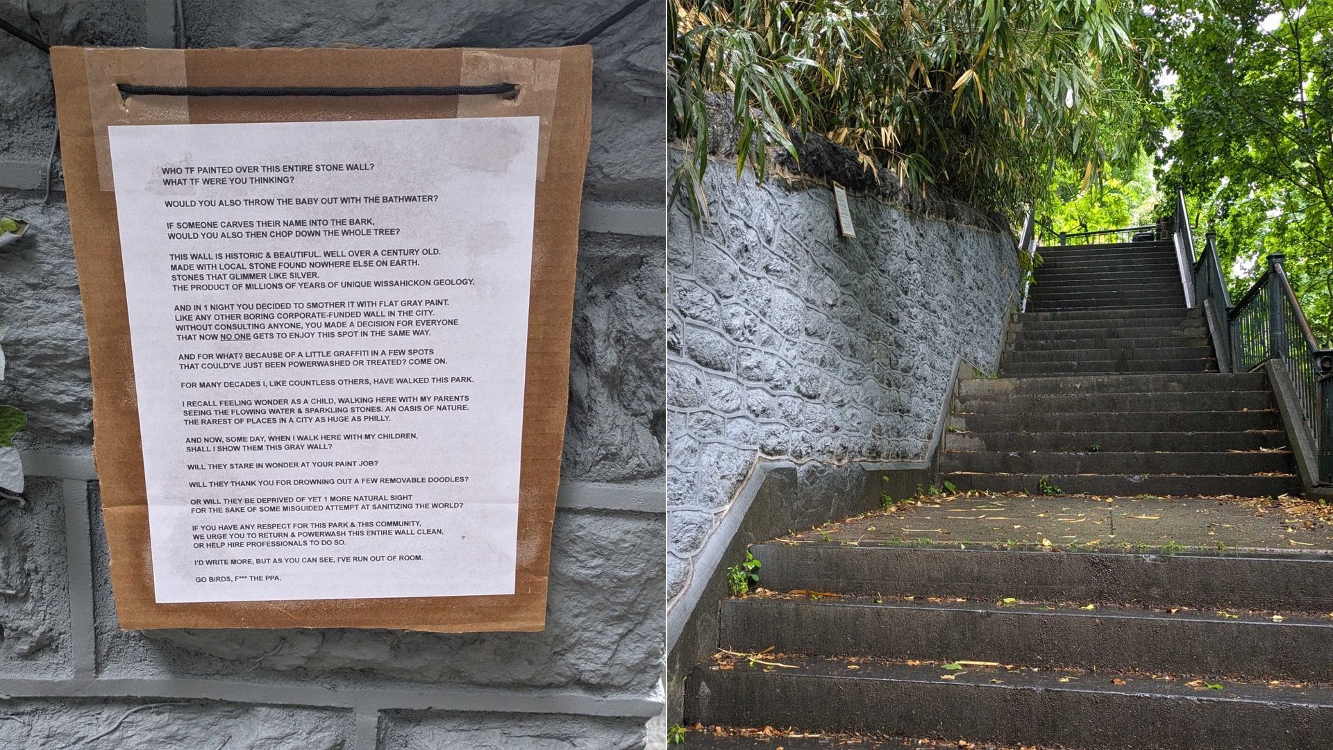 Split image: left shows a brown clipboard with a white sheet taped to a gray stone wall; right shows a stone staircase with a textured wall and lush green foliage overhead.
