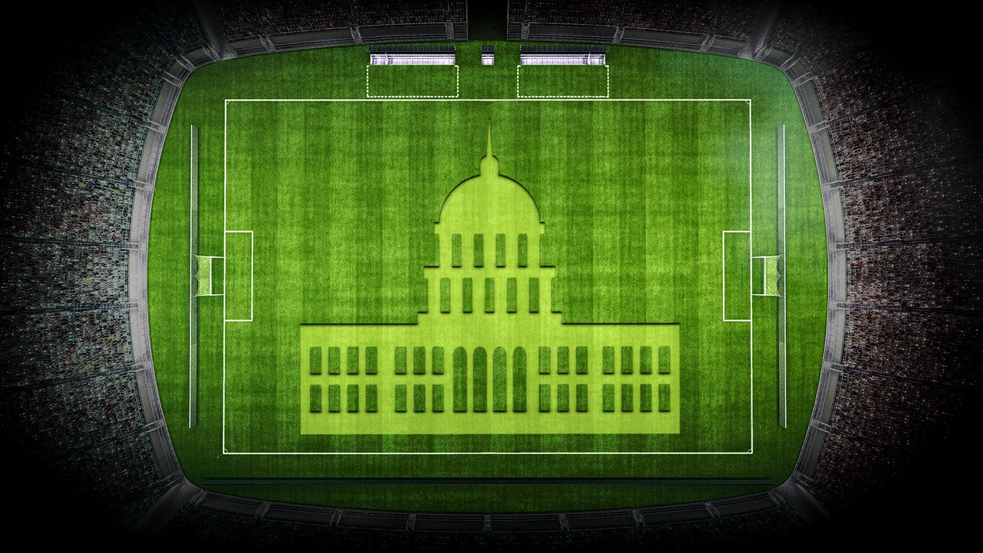 Illustration of an overhead view of a stadium field with the Capitol building shaped mowed into the grass