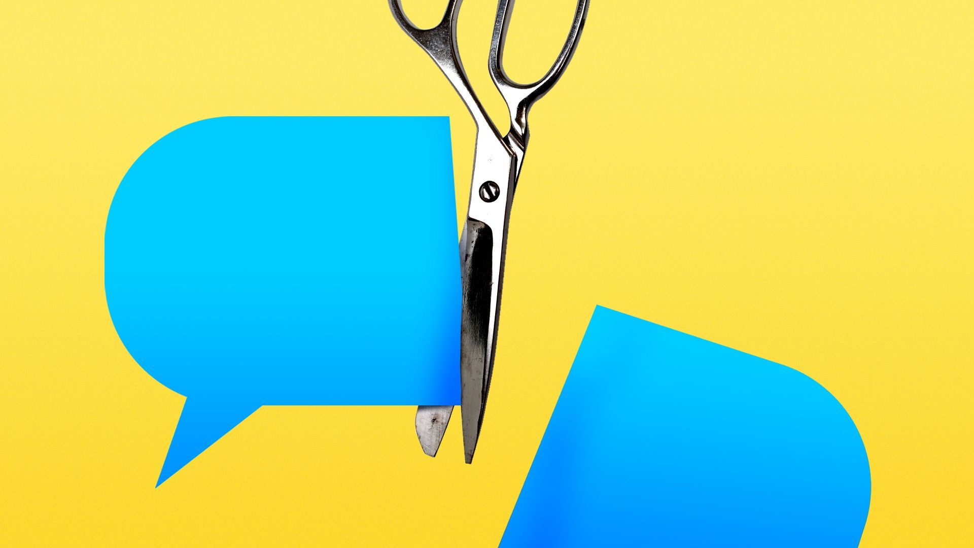 Illustration of a pair of scissors cutting a chat text bubble in half