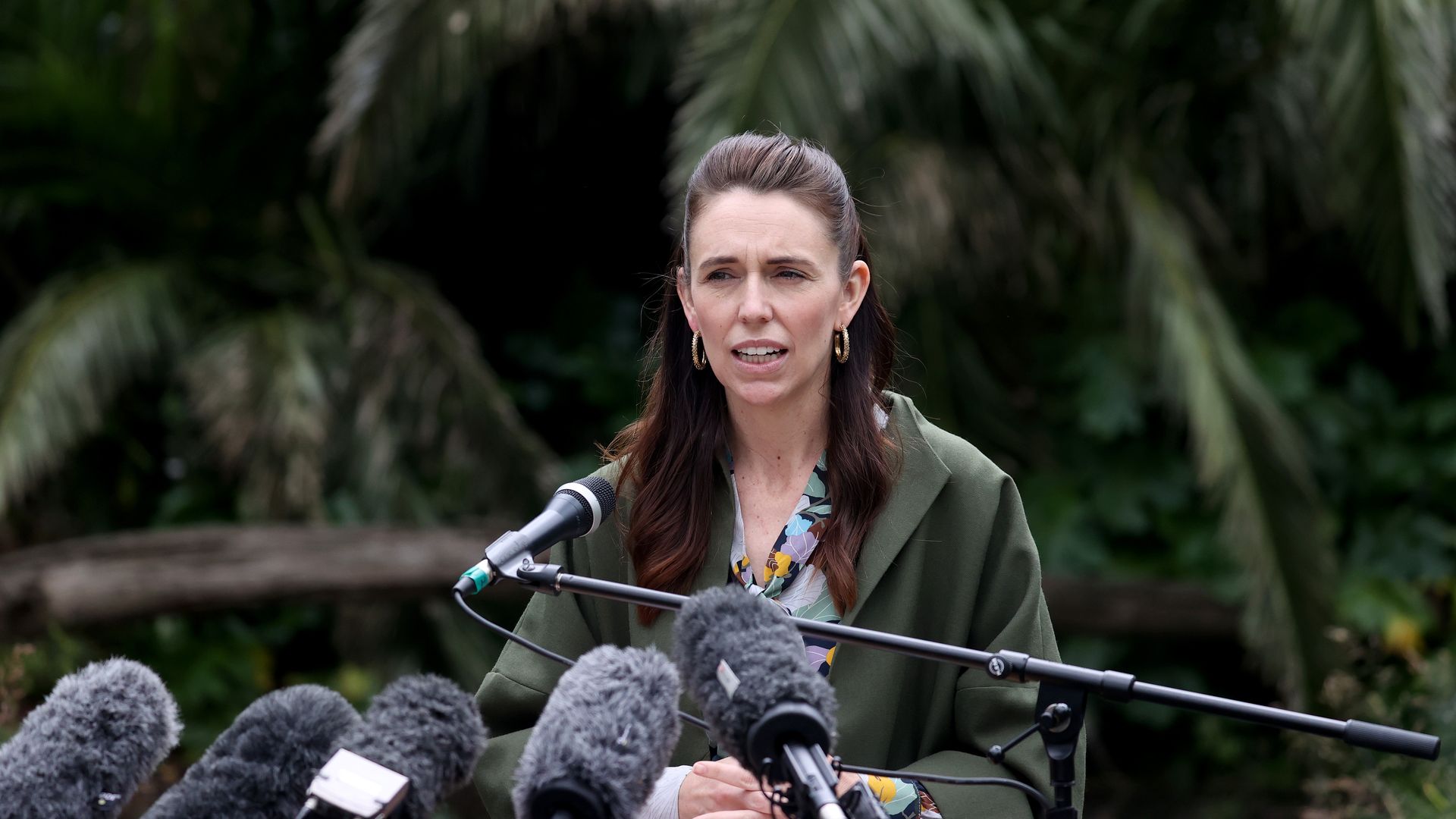 New Zealand Prime Minister Jacinda Ardern speaks alongside the Spider Monkey Enclosure at the Auckland Zoo on December 01, 2021 in Auckland, New Zealand.