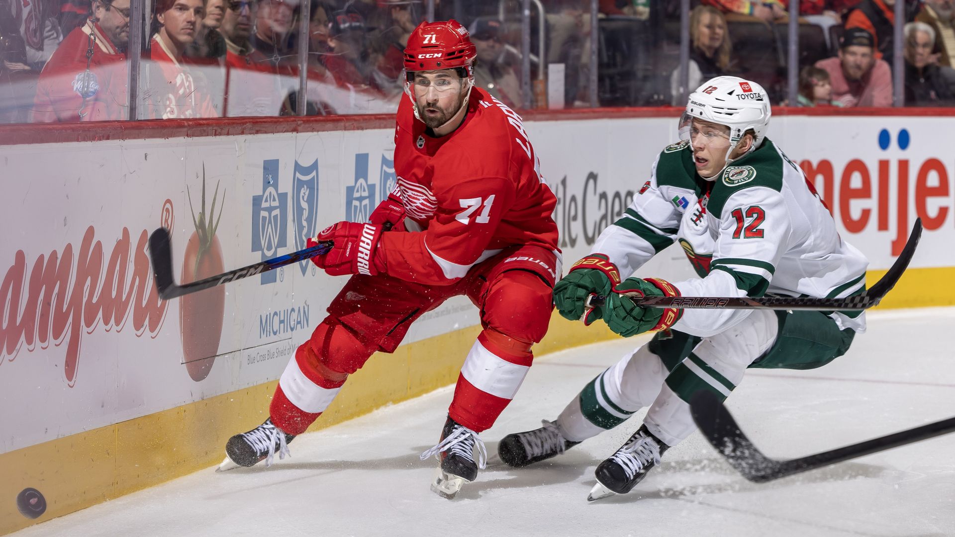 Two hockey players battle along the boards: a red-clad player wearing number 71 in the foreground and a white-and-green opponent wearing number 12, with a crowd of red-clad fans behind them.