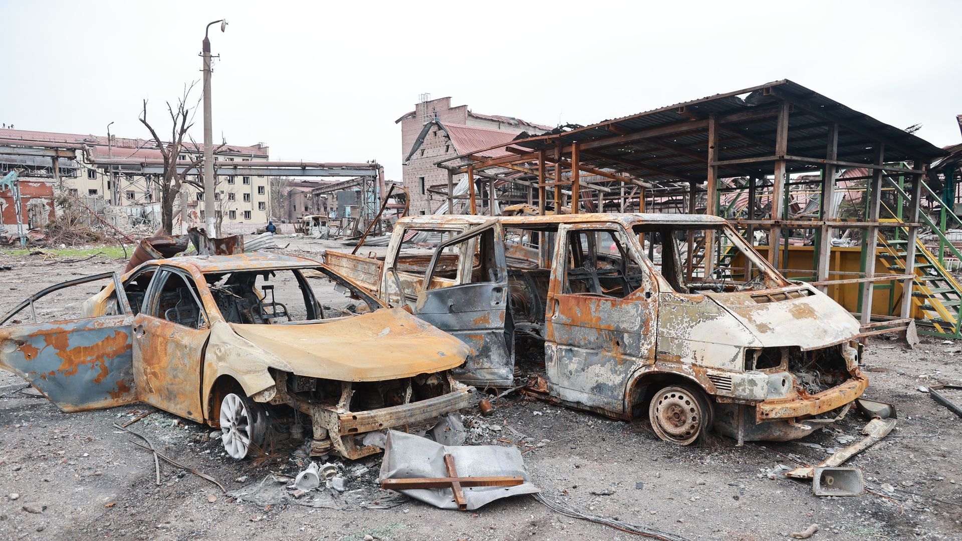 A view of damage in the Ukrainian city of Mariupol under the control of Russian military and pro-Russian separatists, on April 17.