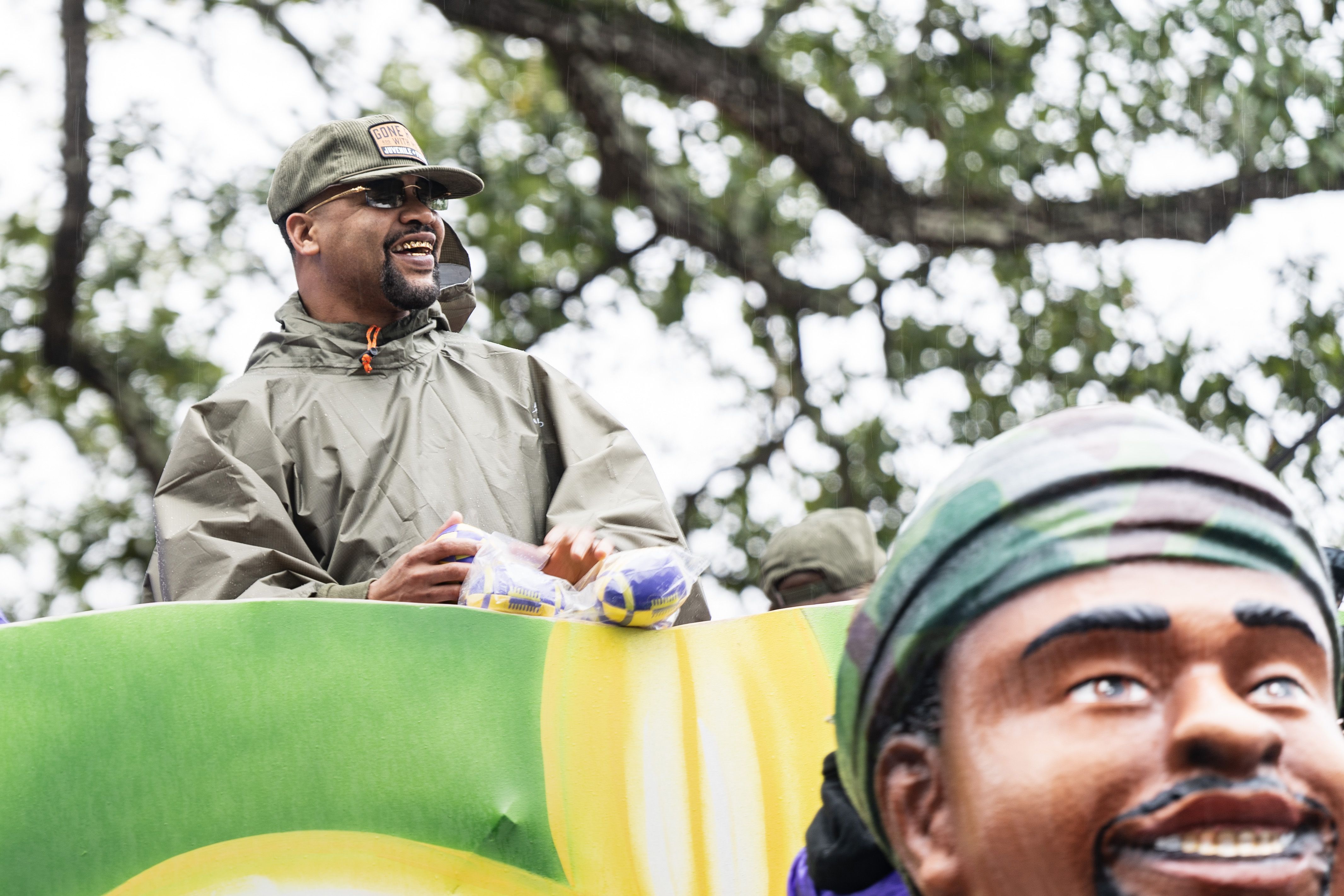 Photo shows Juvenile on a Juvenile-themed Mardi Gras float.