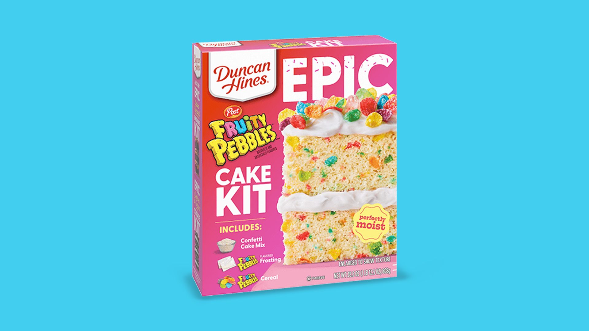 A box of Duncan Hines cake mix that features confetti cake and Fruity Pebbles frosting.