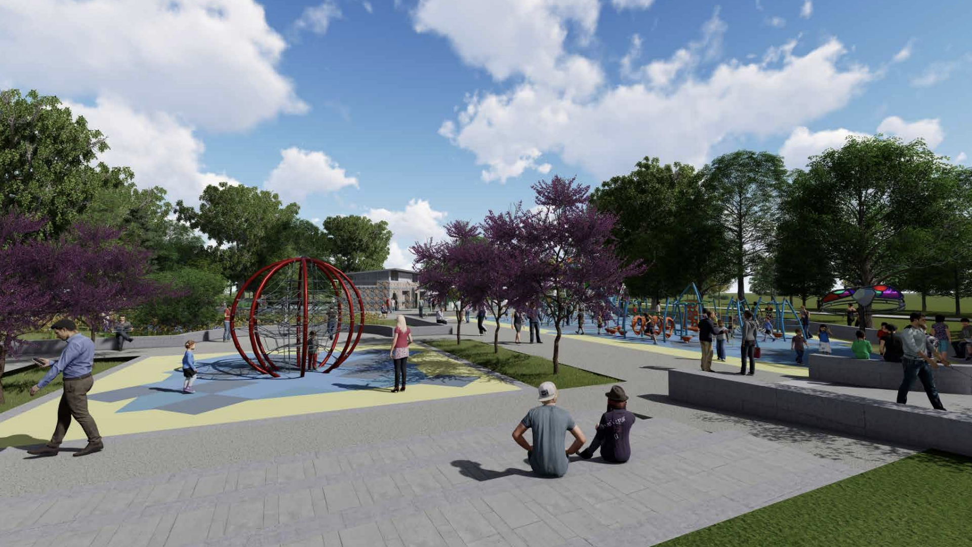 A rendering of people sitting down and walking through a playground in a new park