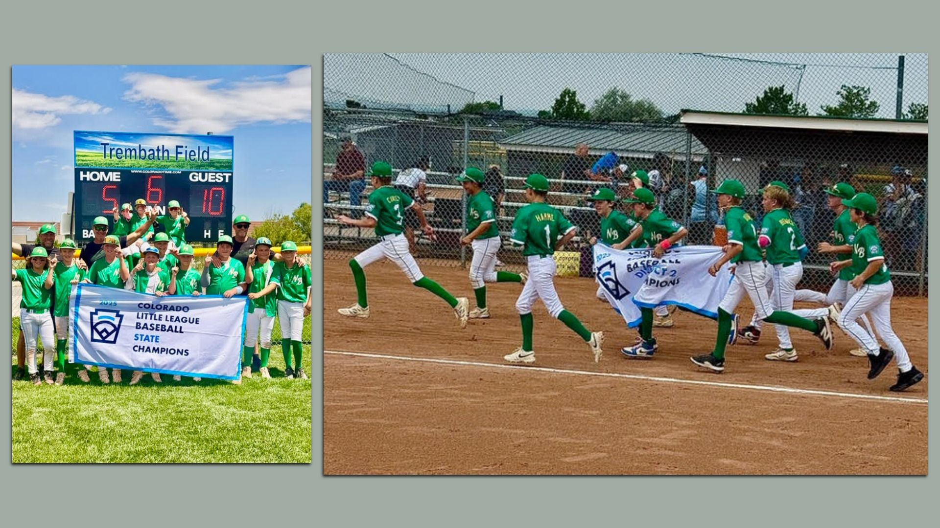 Two images of a kids' baseball team in green uniforms celebrating a win as Colorado Little League Baseball State Champions, holding a white champion banner on field.