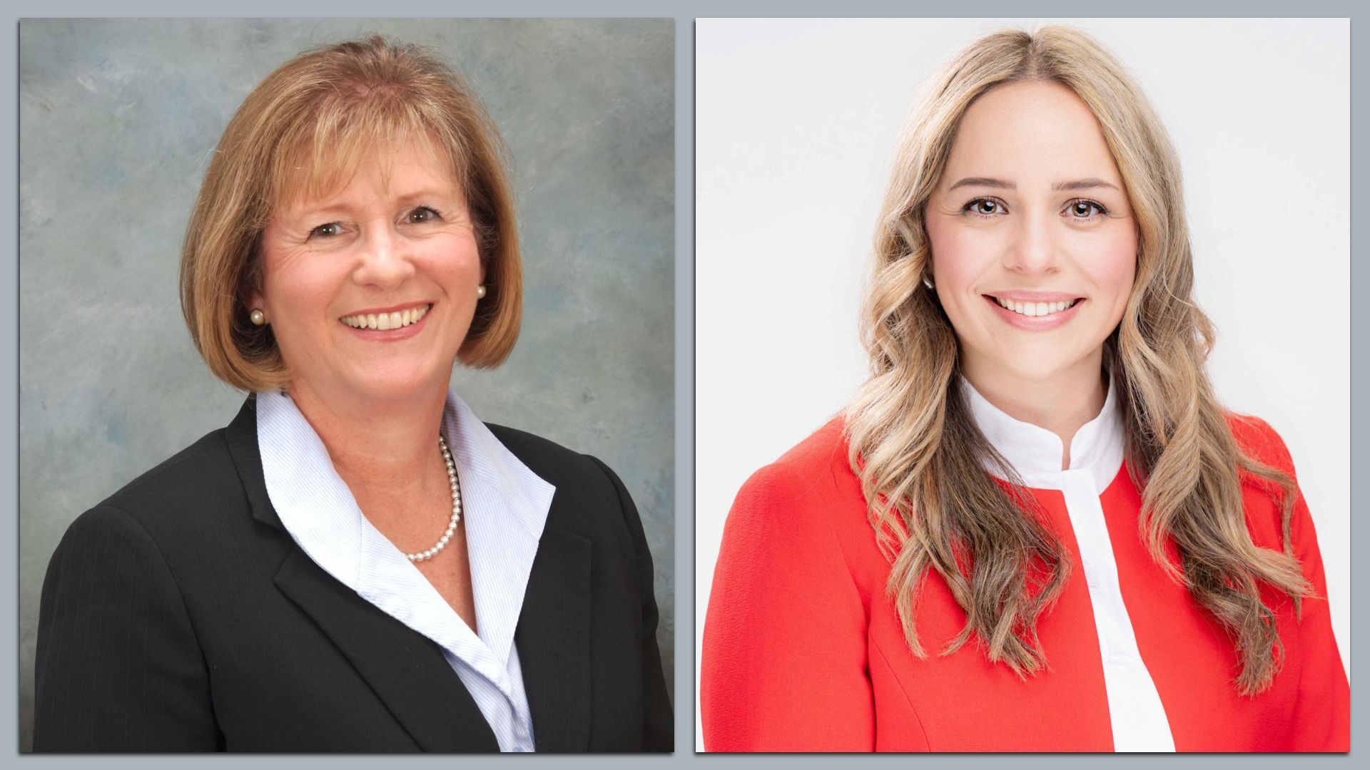 Two side-by-side portraits: left shows an older woman with short blonde hair in a black blazer and light blue blouse; right shows a younger woman with long blonde hair in a red blazer and white blouse, smiling.