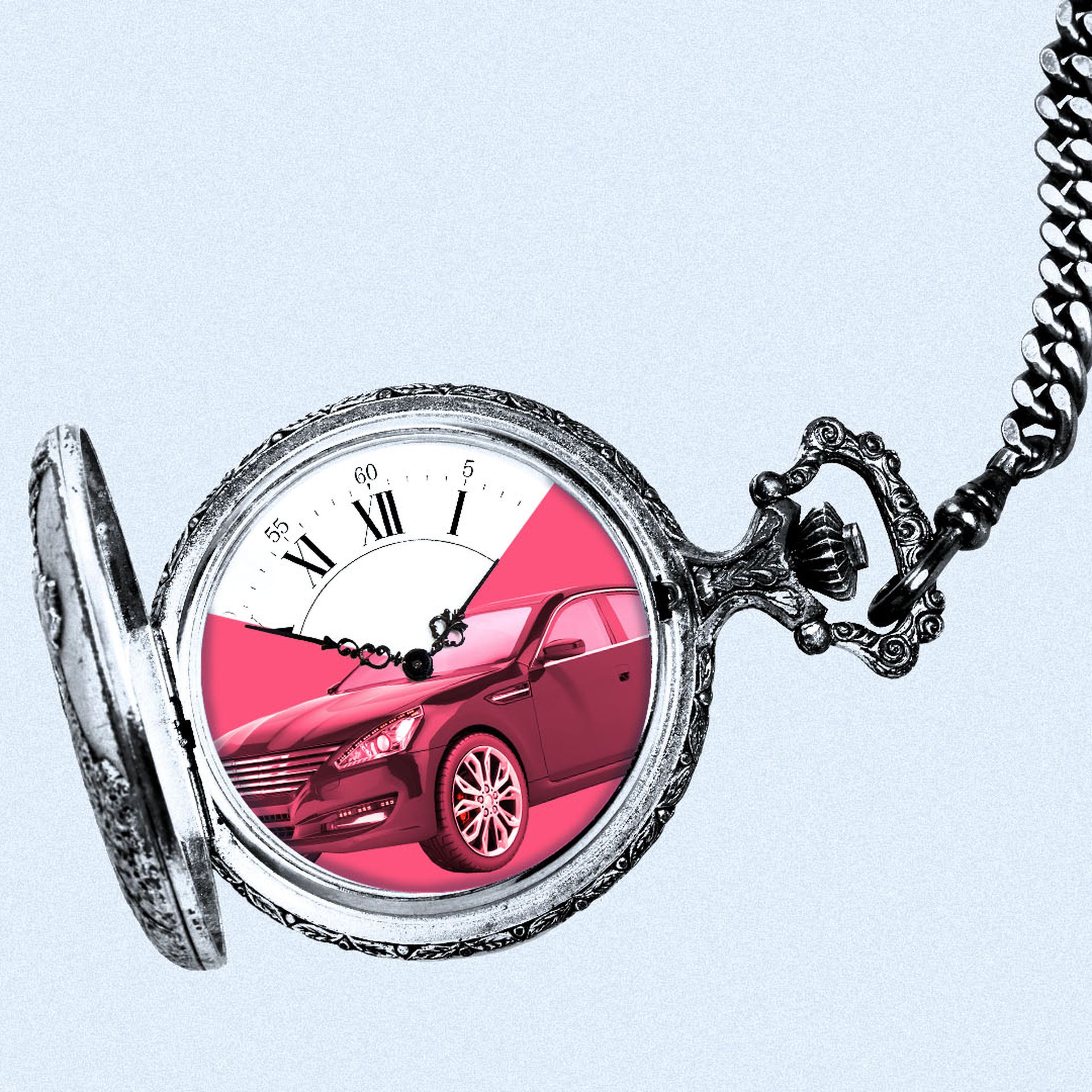 Illustration of a pocket watch with a car reflected in its face