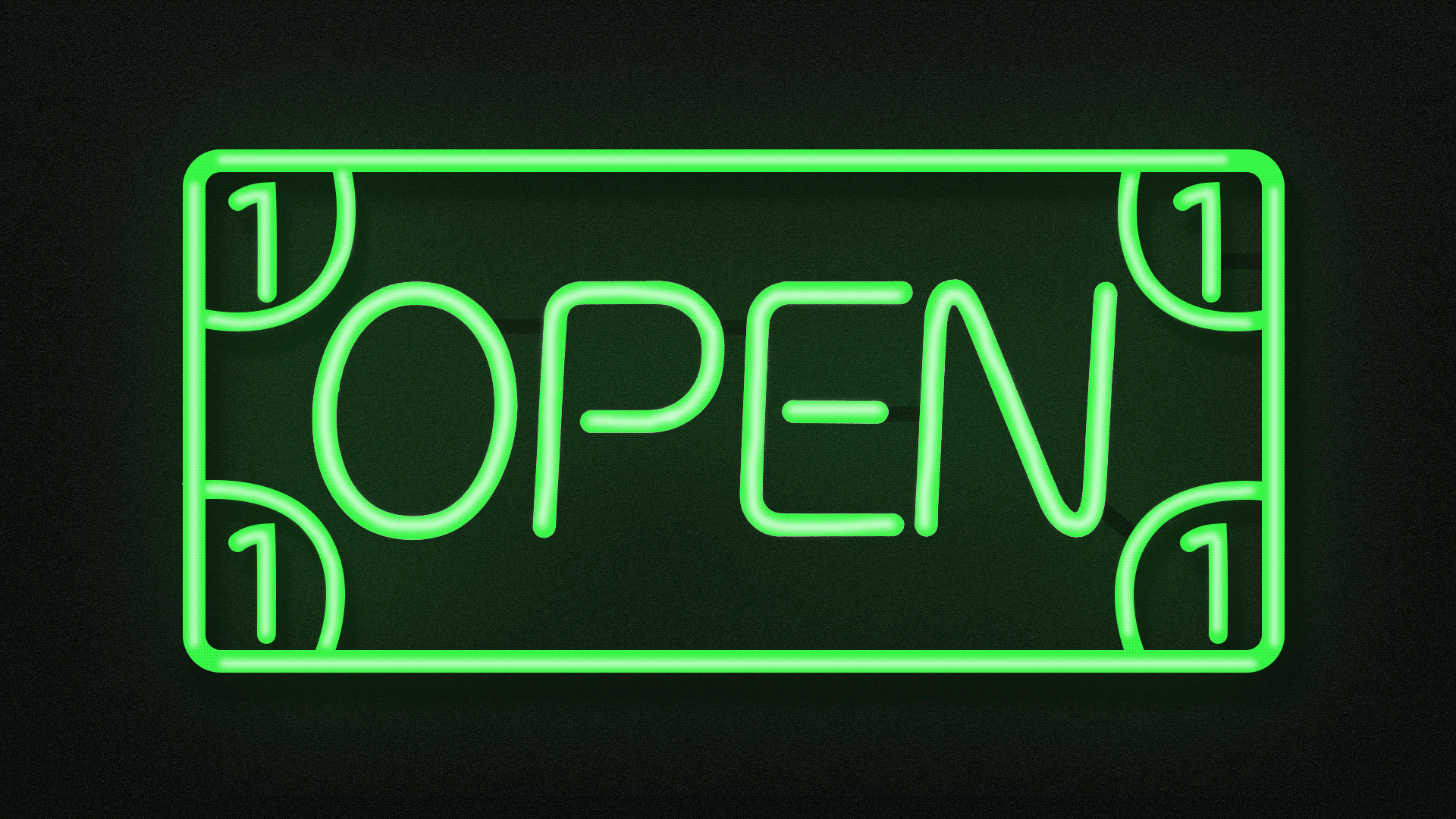A neon green open sign in the shape of a dollar bill flashes.