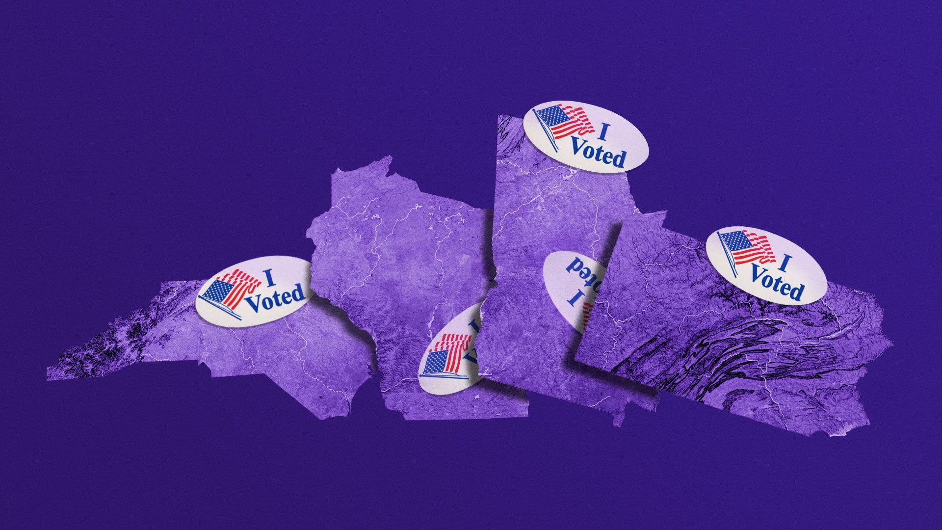 Illustration of Pennsylvania, Wisconsin, North Carolina and Georgia with “I voted” stickers