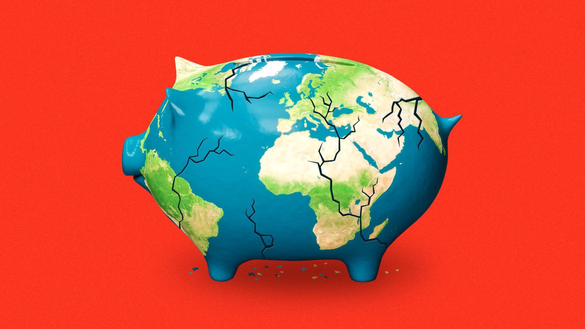 An illustration of the world as a cracked piggy bank.
