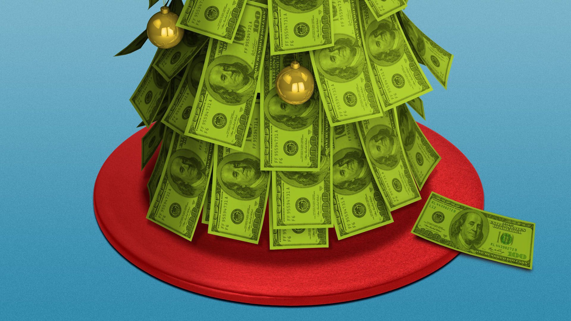 Illustration of the bottom of a Christmas tree made out of cash without gifts