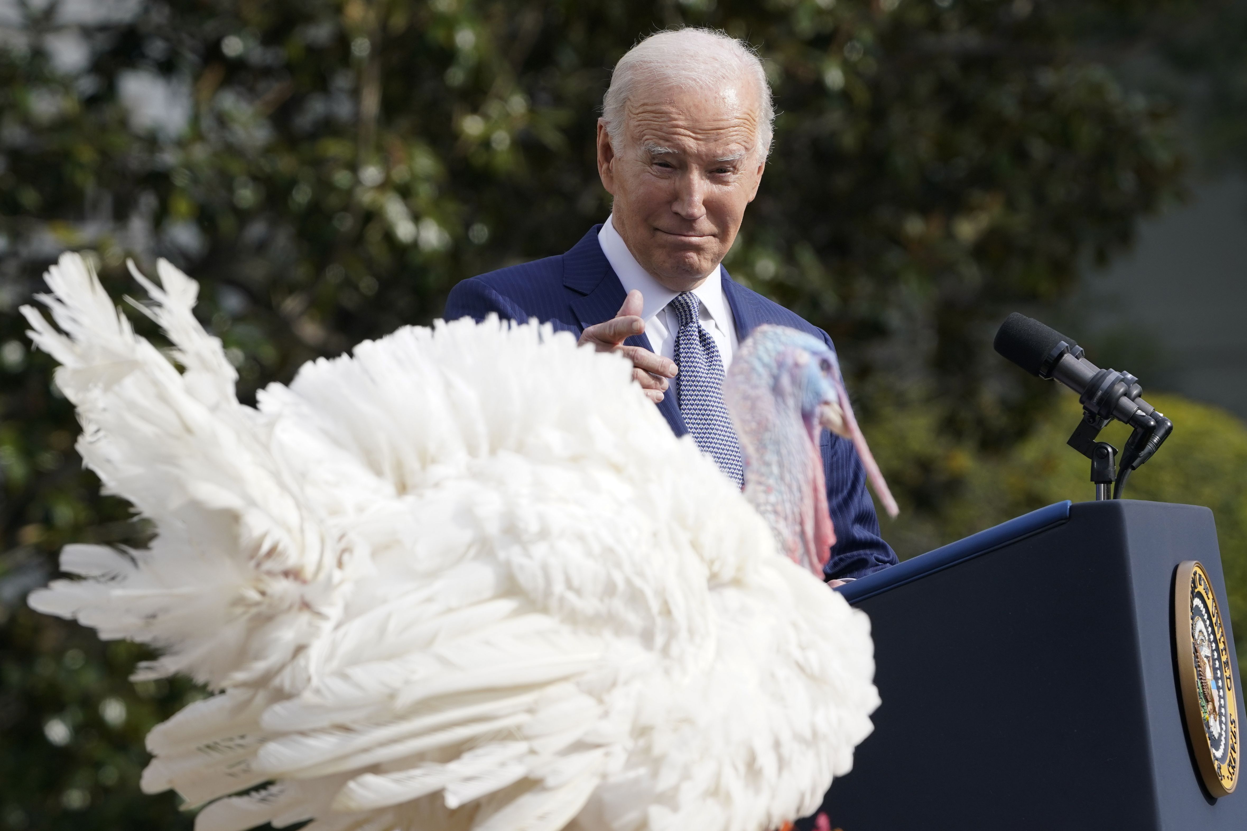 President Joe Biden speaks after pardoning the national Thanksgiving turkey, Liberty, during a pardoning ceremony at the White House in Washington, Monday, Nov. 20, 2023.