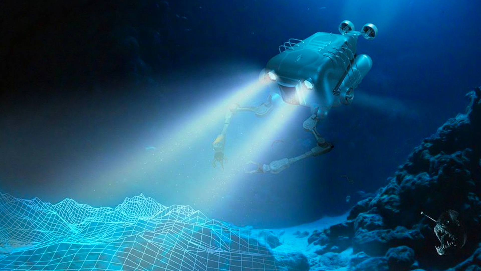 Artist rendering of an underwater autonomous vehicle with robotic arms courtesy DARPA