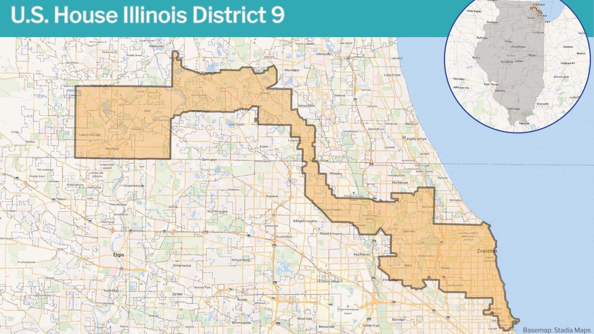 Map showing U.S. House Illinois District 9 highlighted in orange, covering areas northwest of Chicago including Evanston, Arlington Heights, and Lake Zurich, with a smaller inset map for state context.
